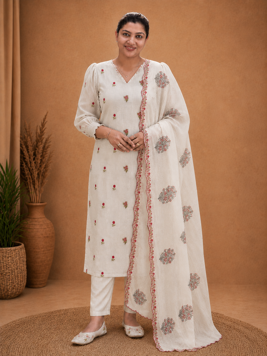 Floral Mechine Embroidery Chanderi Salwar Set | HE309