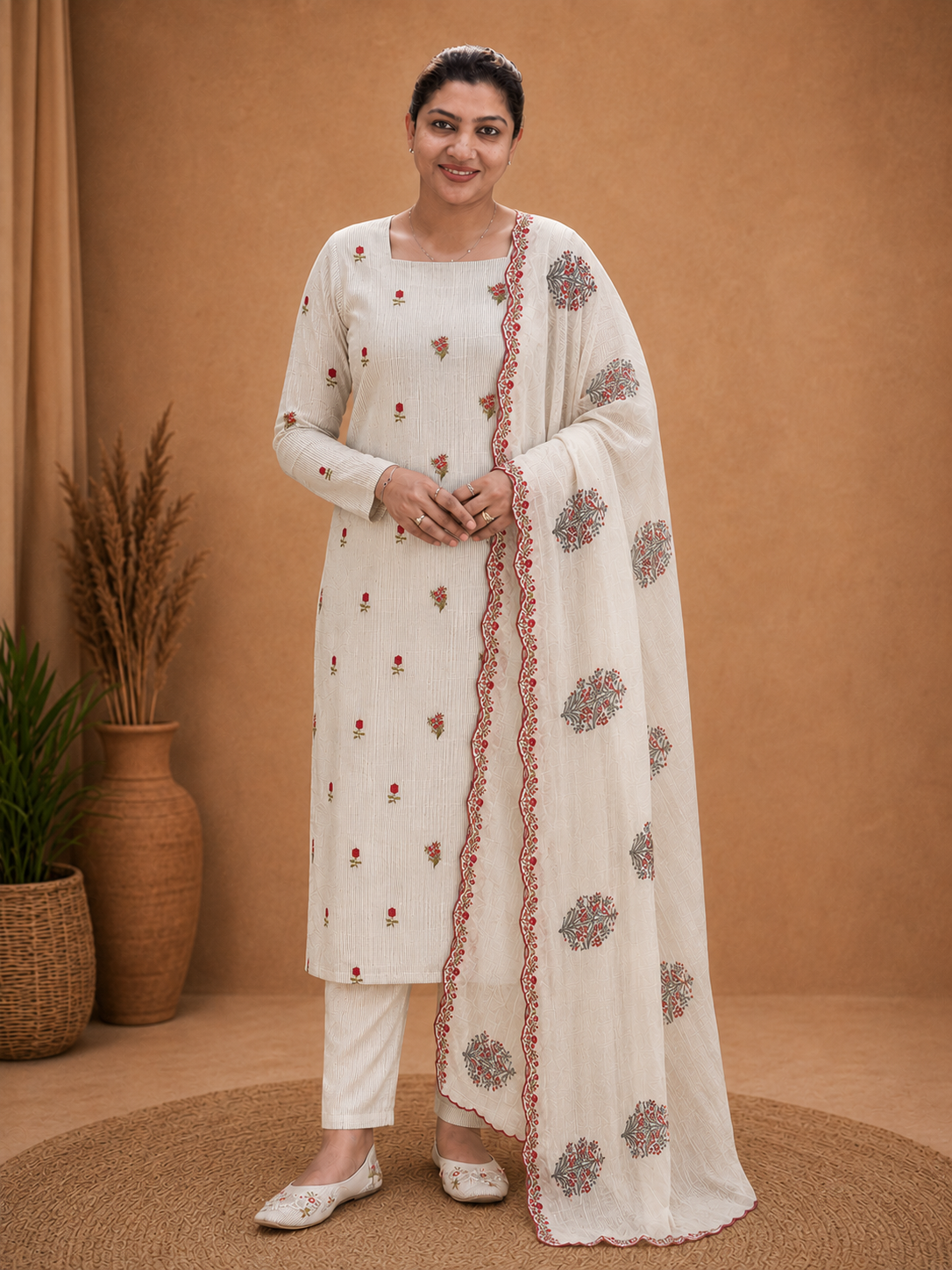 Floral Mechine Embroidery Chanderi Salwar Set | HE309