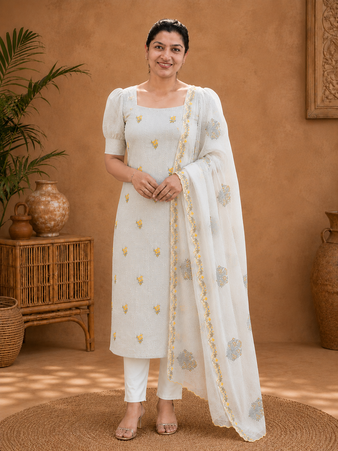 Floral Mechine Embroidery Chanderi Salwar Set | HE307