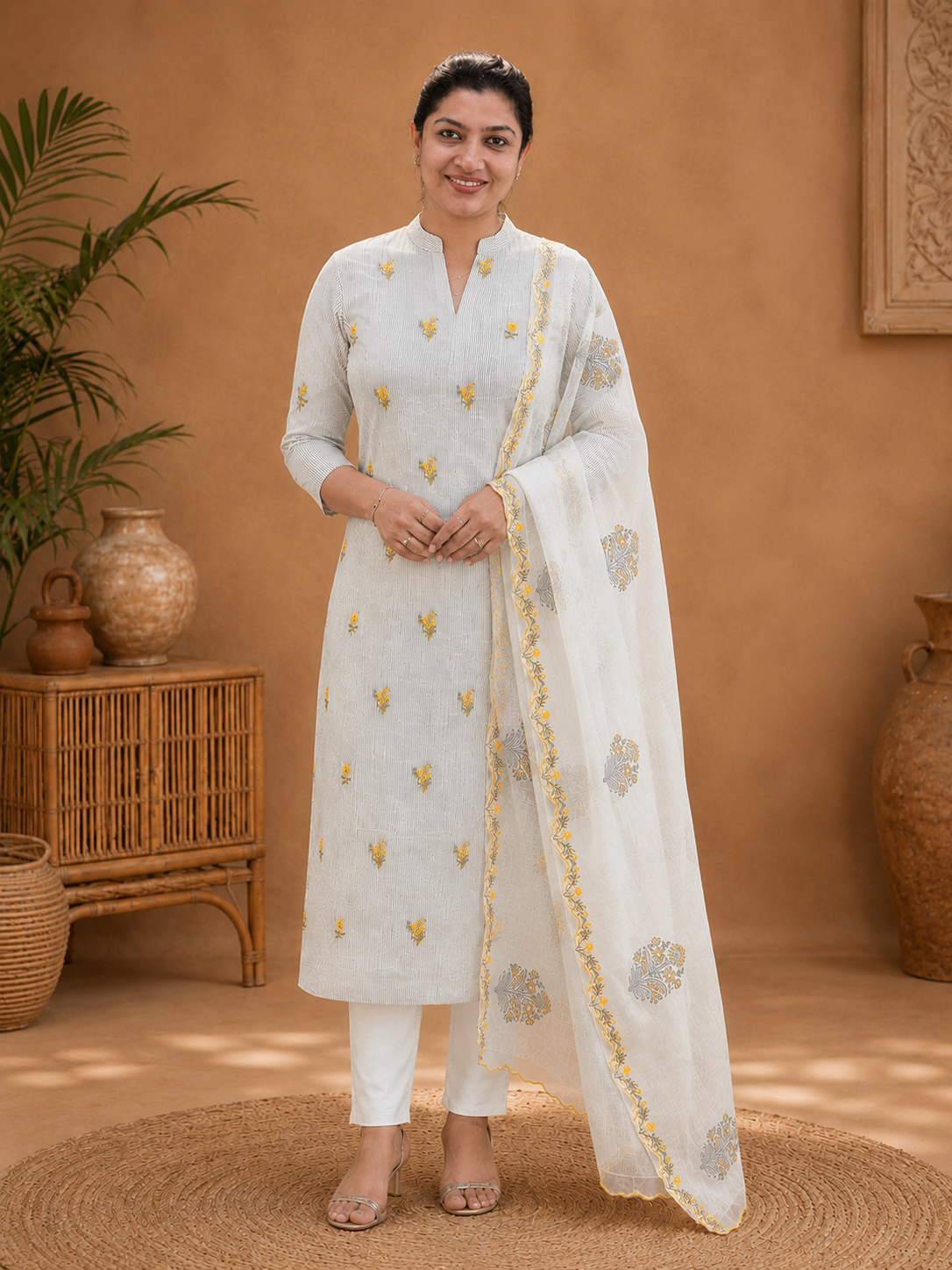 Floral Mechine Embroidery Chanderi Salwar Set | HE307