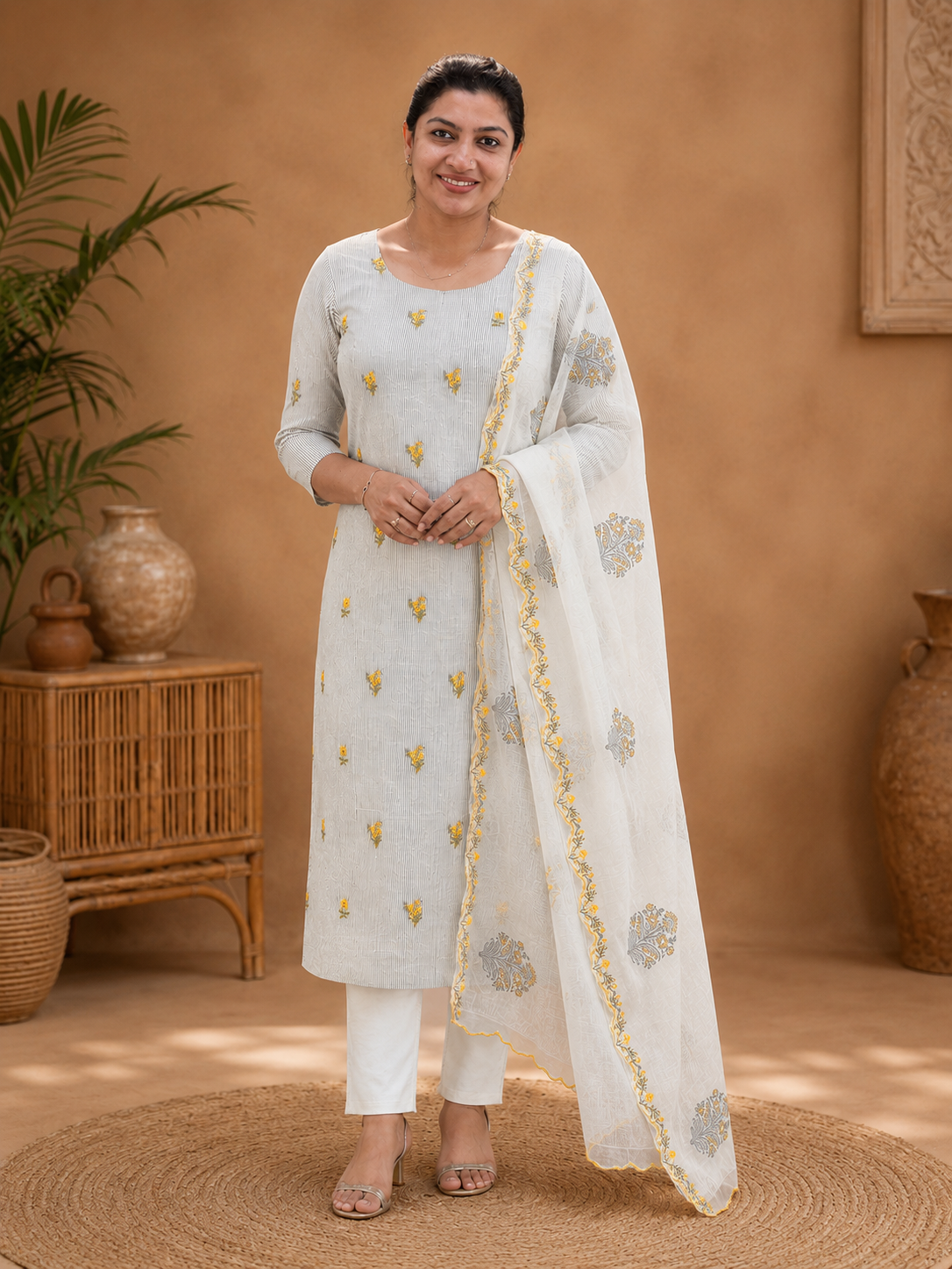Floral Mechine Embroidery Chanderi Salwar Set | HE307