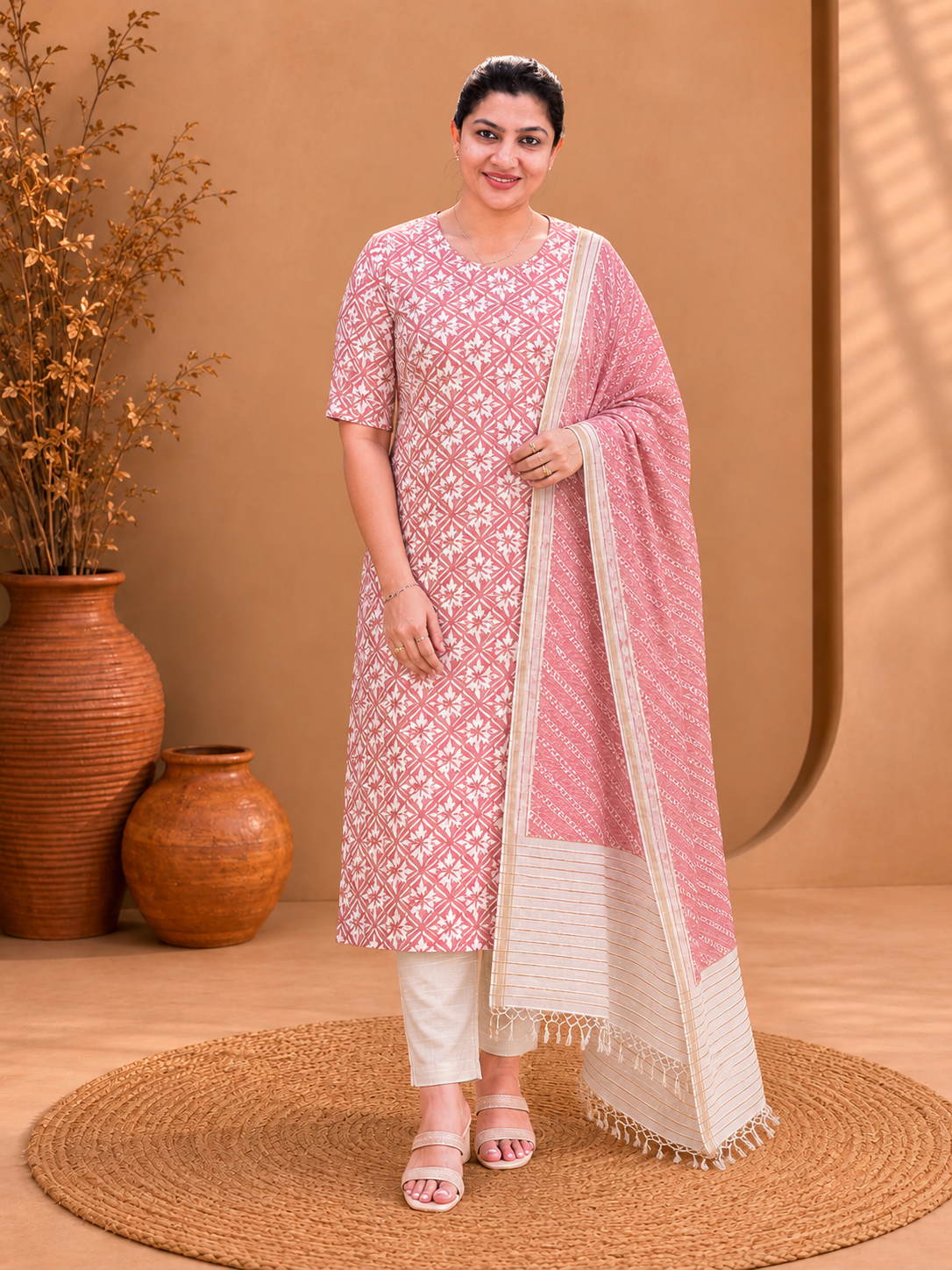 Hand Block Printed Tussar-Cotton Salwar Set | UVS143