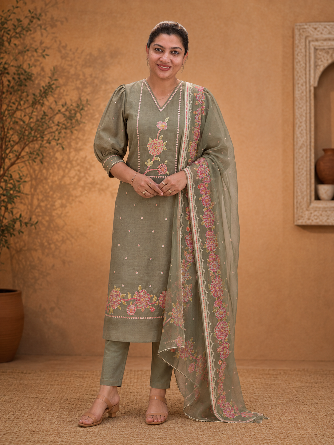 Floral Mechine Embroidery Mul Chanderi Salwar Set | SW2468