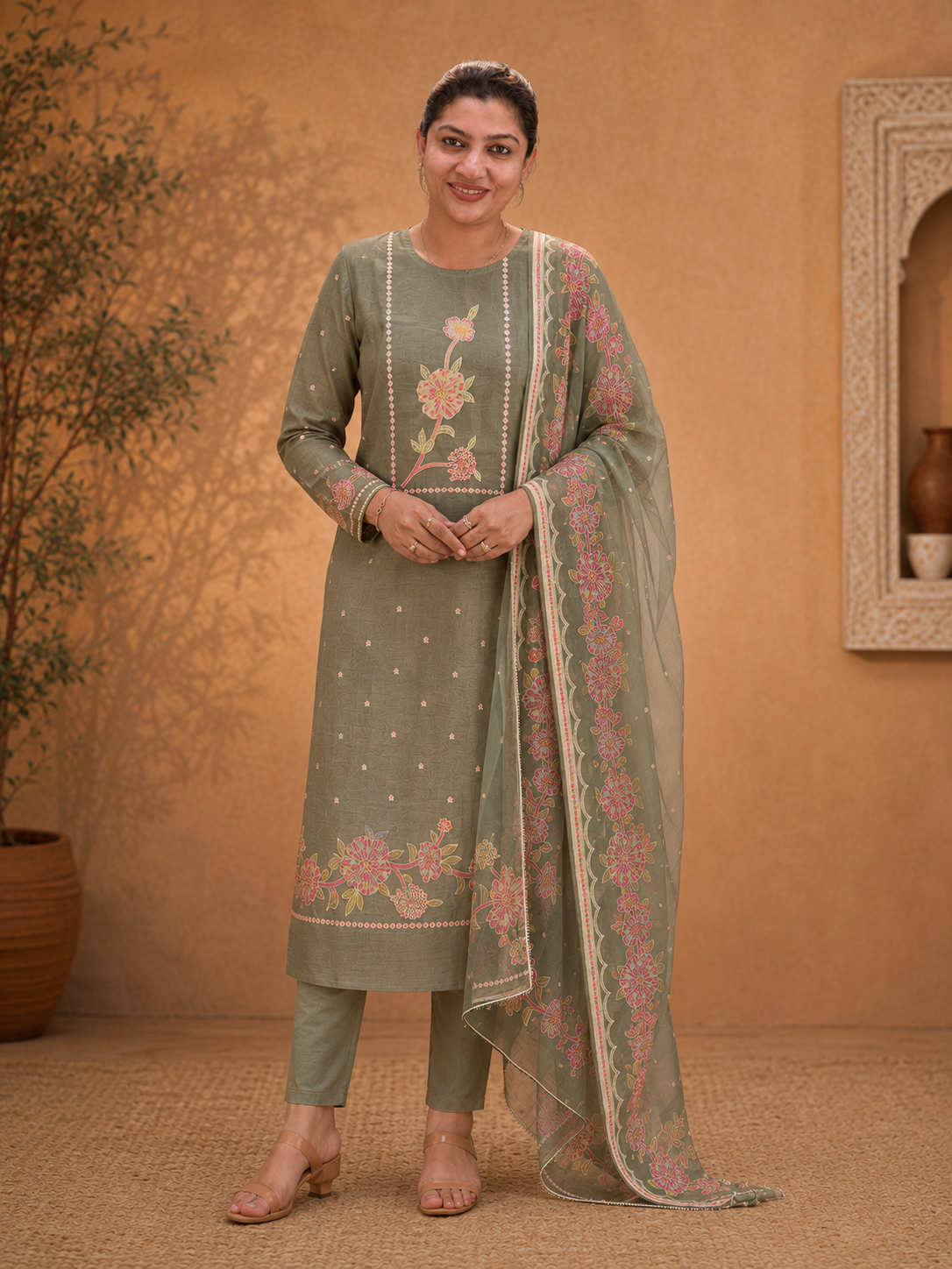 Floral Mechine Embroidery Mul Chanderi Salwar Set | SW2468