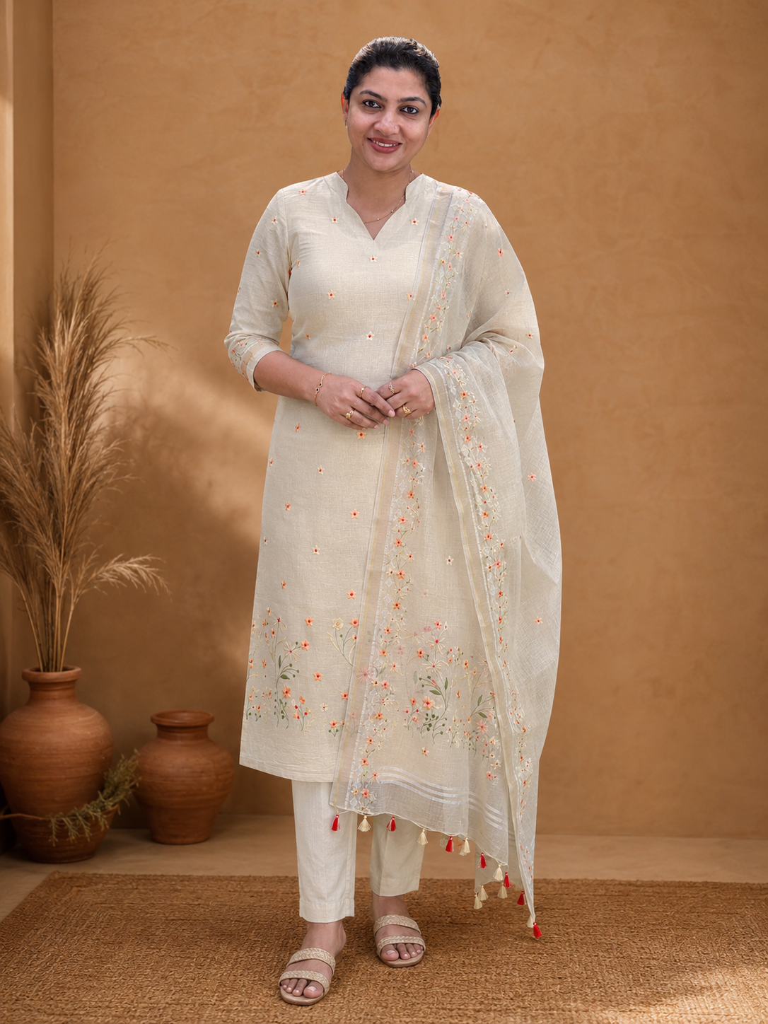 Multi-Color Floral Embroidered Semi Linen Salwar Set | NHH553