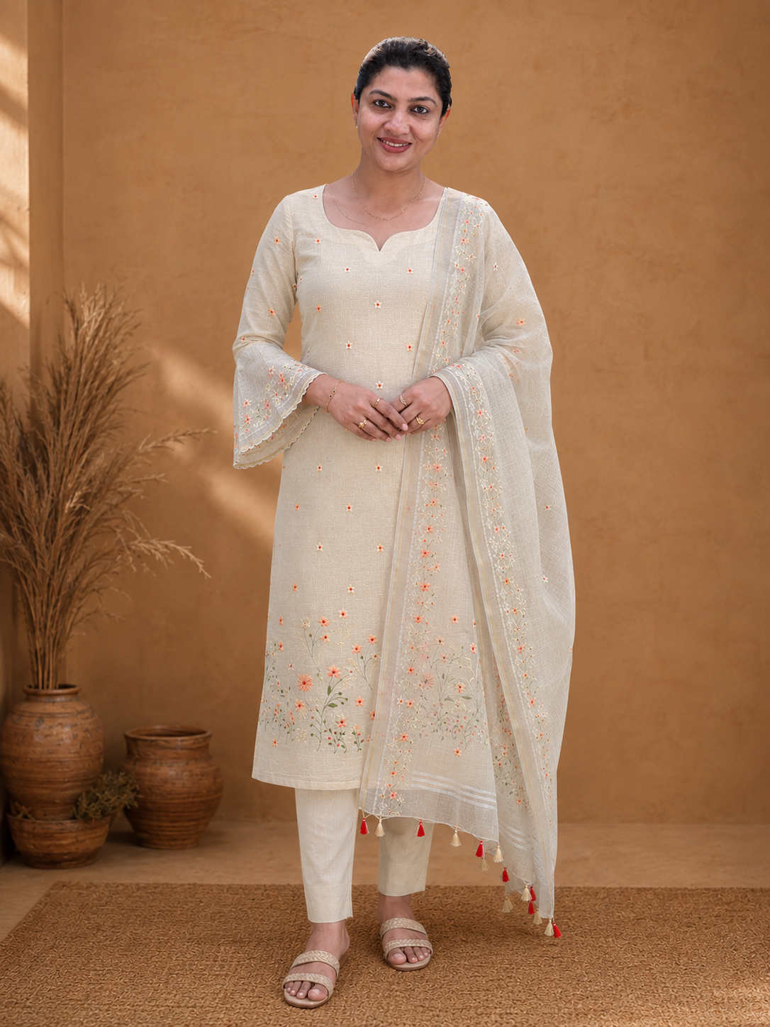 Multi-Color Floral Embroidered Semi Linen Salwar Set | NHH553