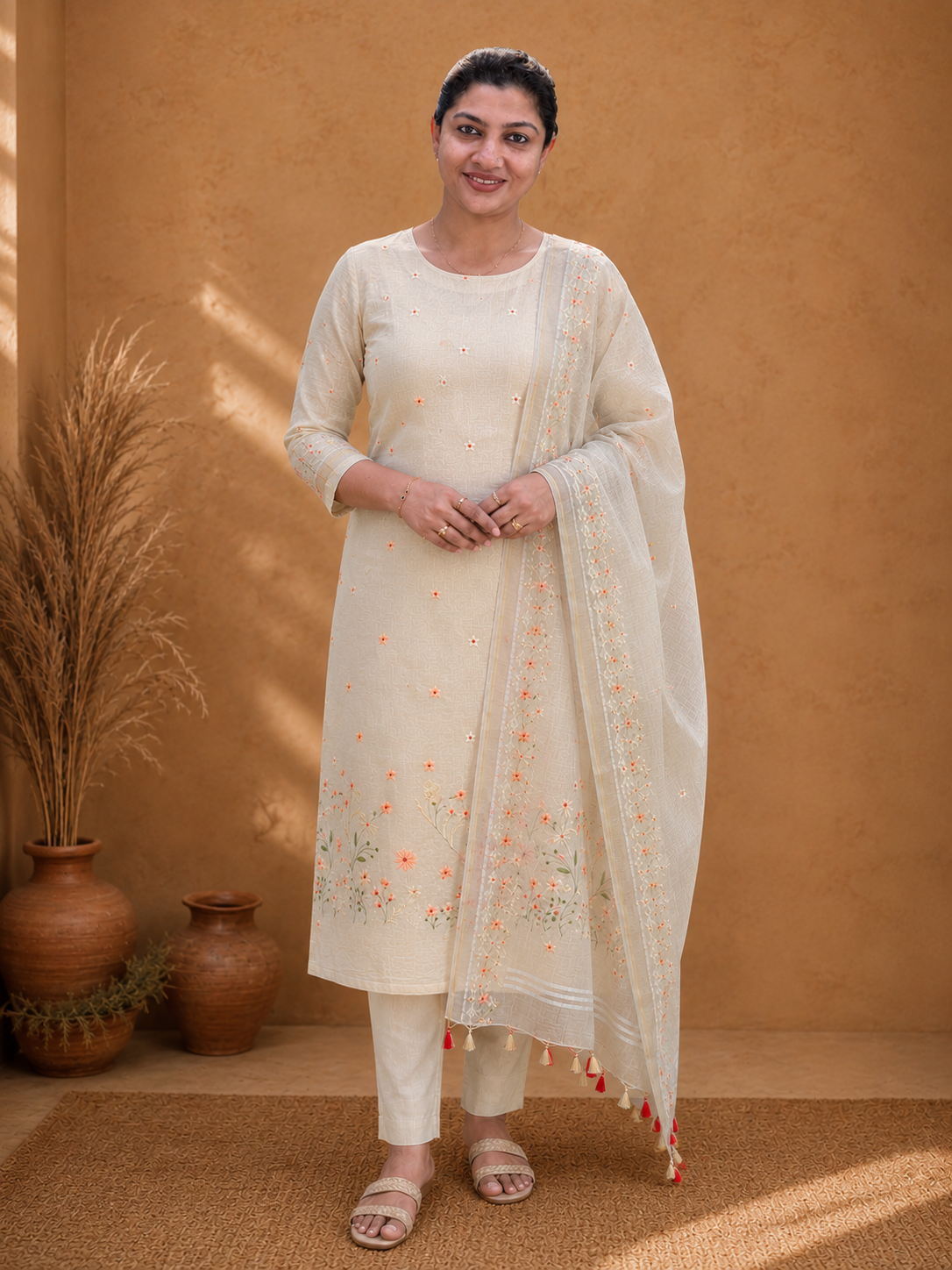 Multi-Color Floral Embroidered Semi Linen Salwar Set | NHH553