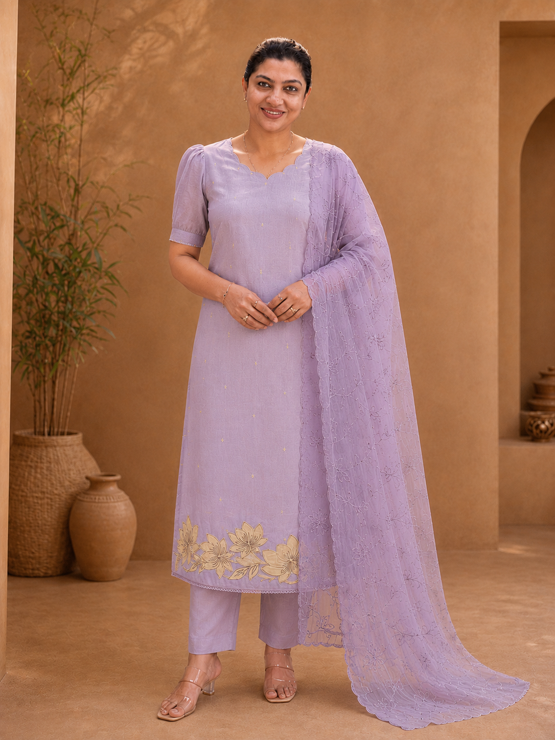 Floral Applique Detailed Semi Tussar Salwar Set | SUN693