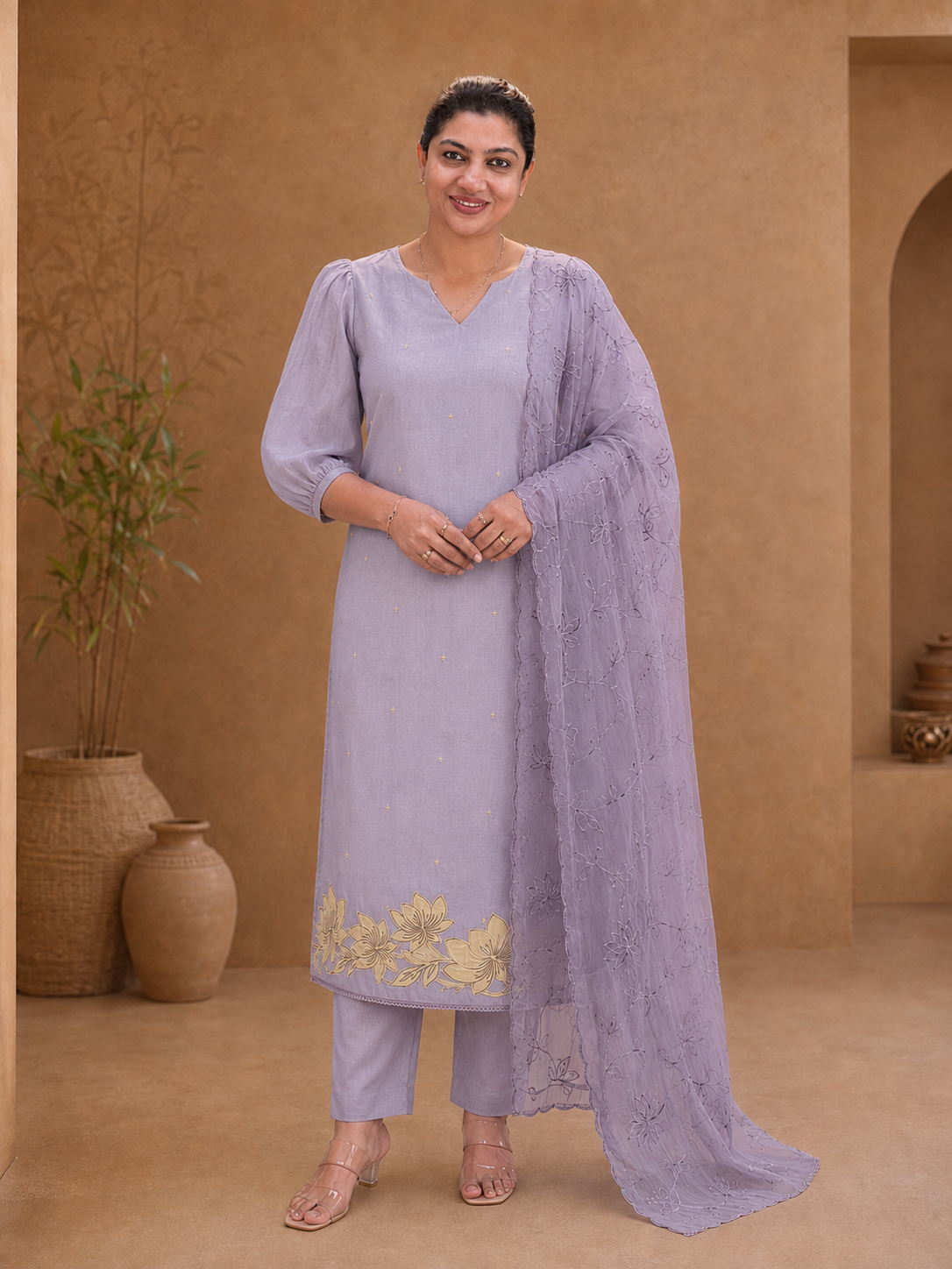 Floral Applique Detailed Semi Tussar Salwar Set | SUN693