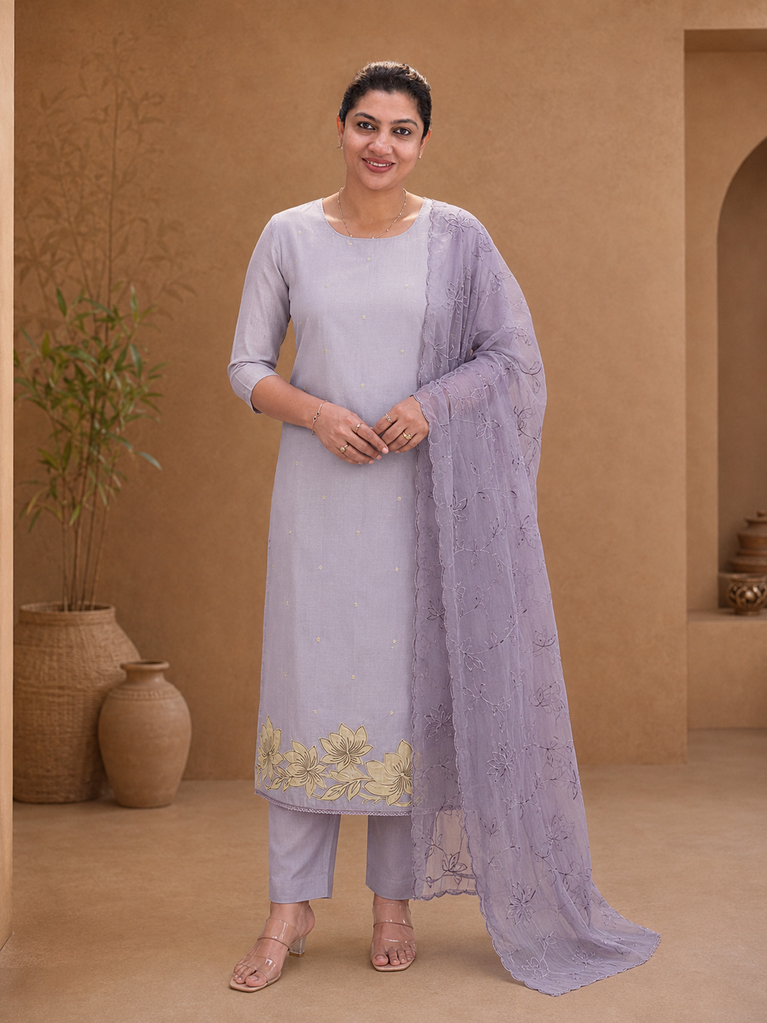 Floral Applique Detailed Semi Tussar Salwar Set | SUN693