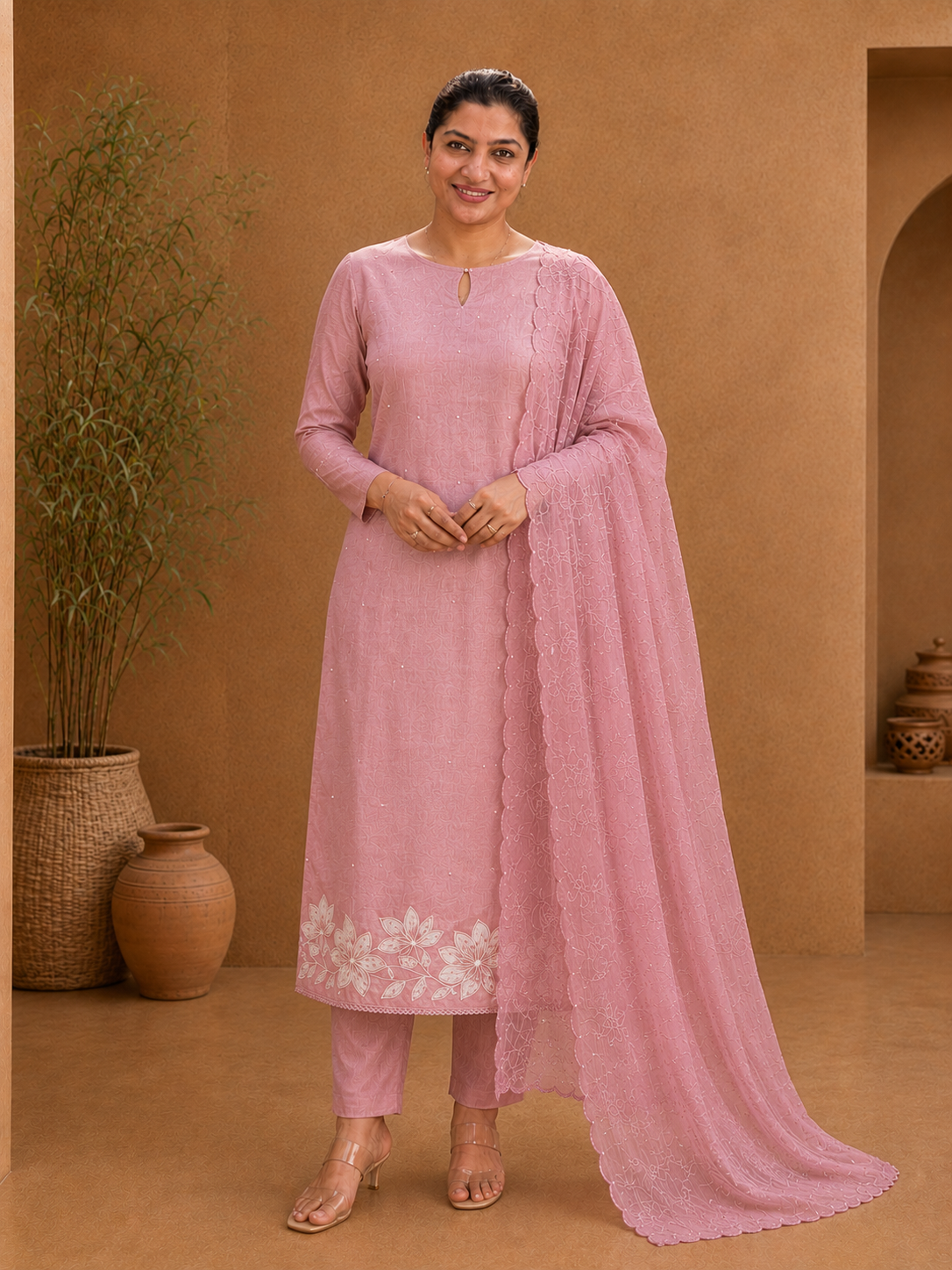 Floral Applique Detailed Semi Chanderi Salwar Set | SUN687