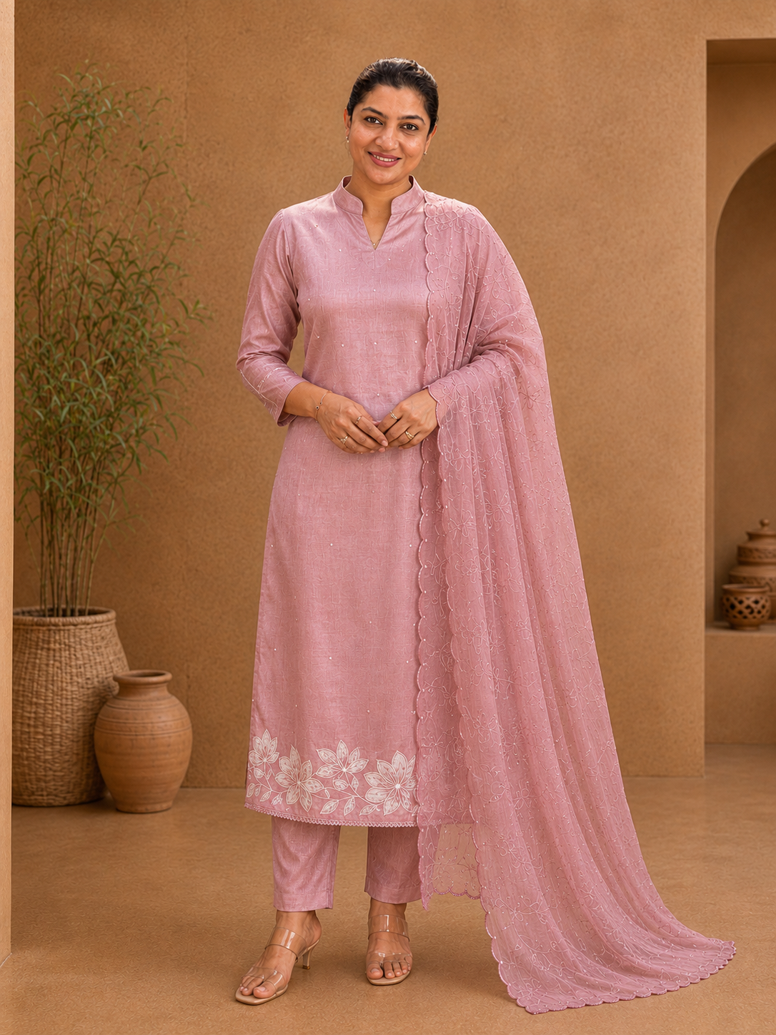 Floral Applique Detailed Semi Chanderi Salwar Set | SUN687