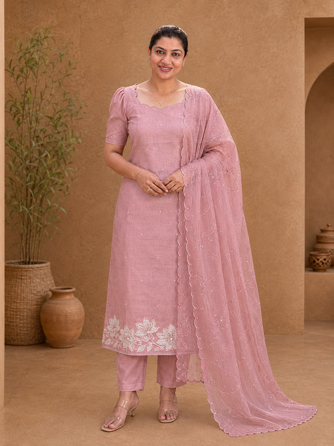 Floral Applique Detailed Semi Chanderi Salwar Set | SUN687
