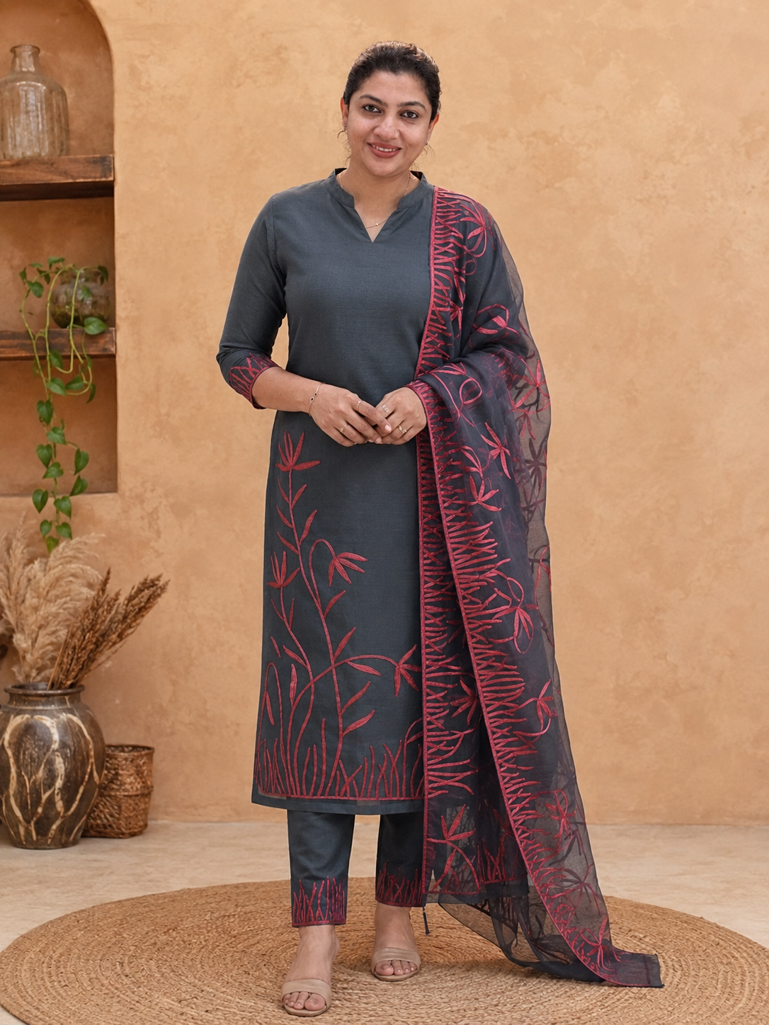 Embroidered Woven Muga Check Organza Salwar Set | JSC675