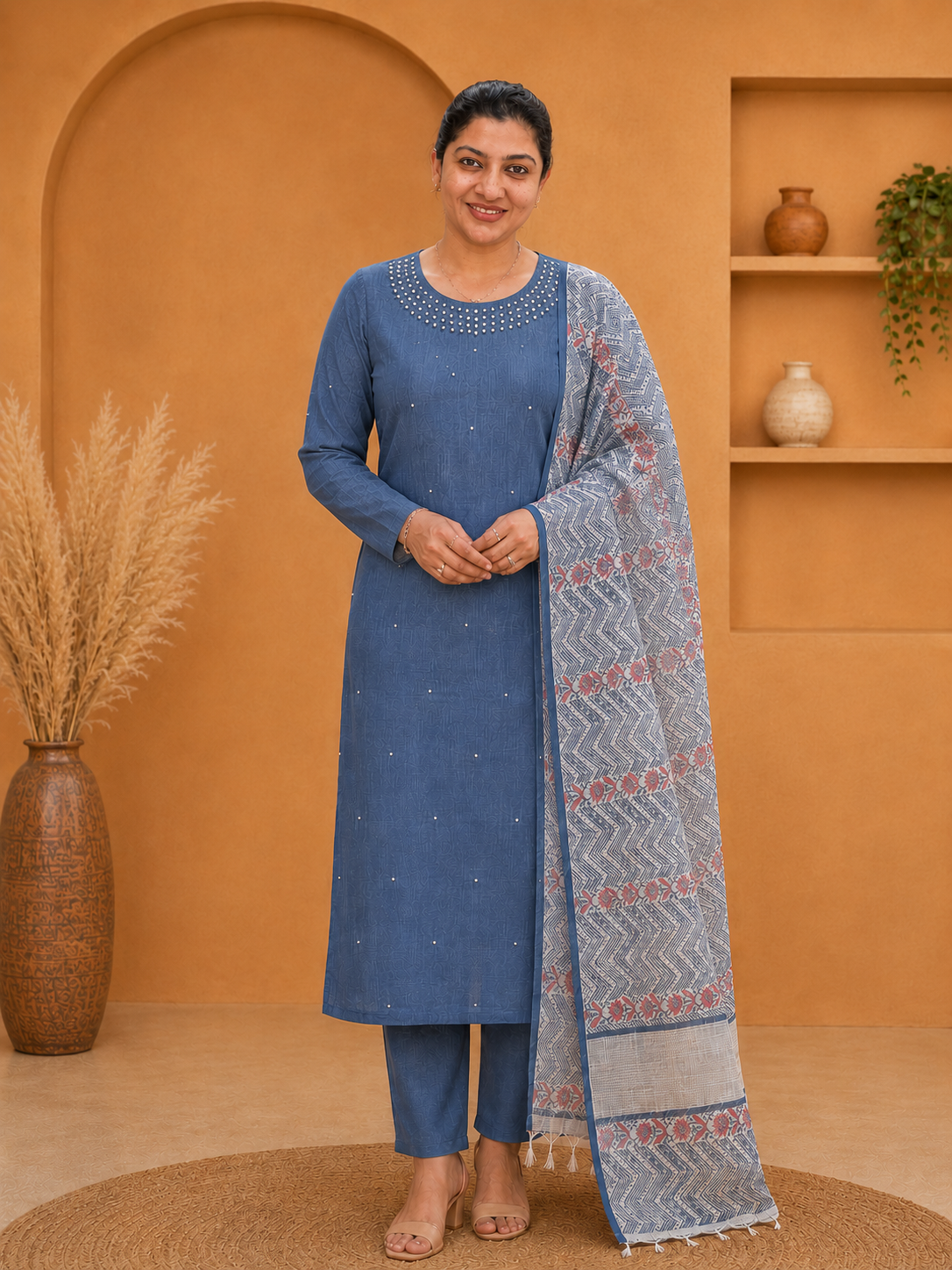 Embroidered Cotton Semi Stitched Salwar set | JSC672