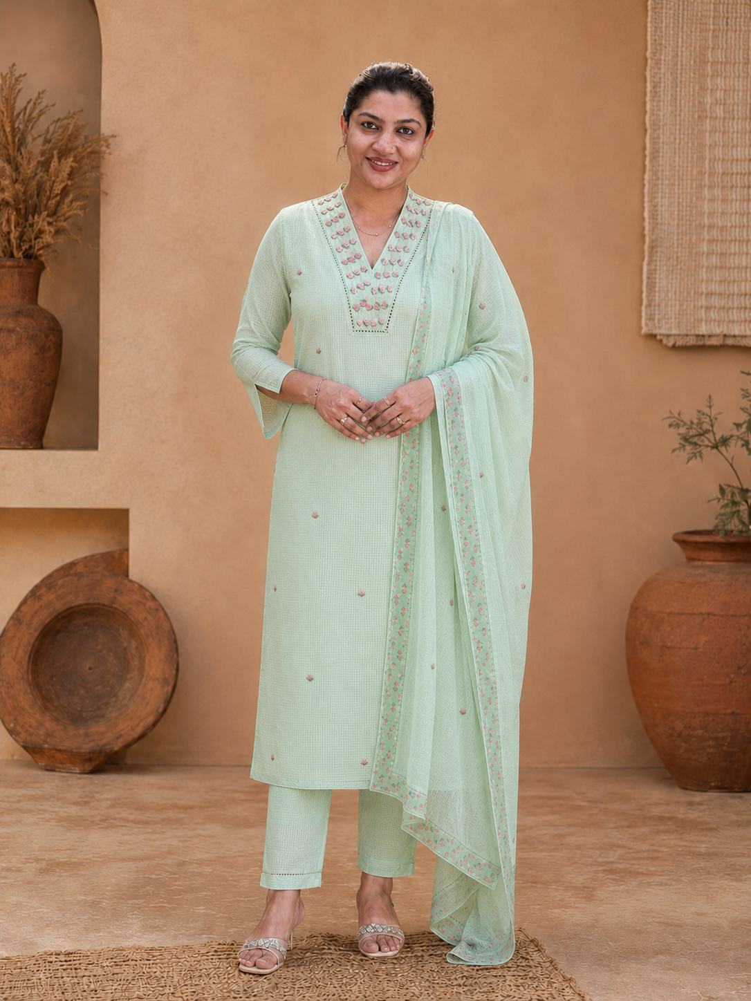 Embroidery Detailed Silky Kota Salwar Set |SRF191