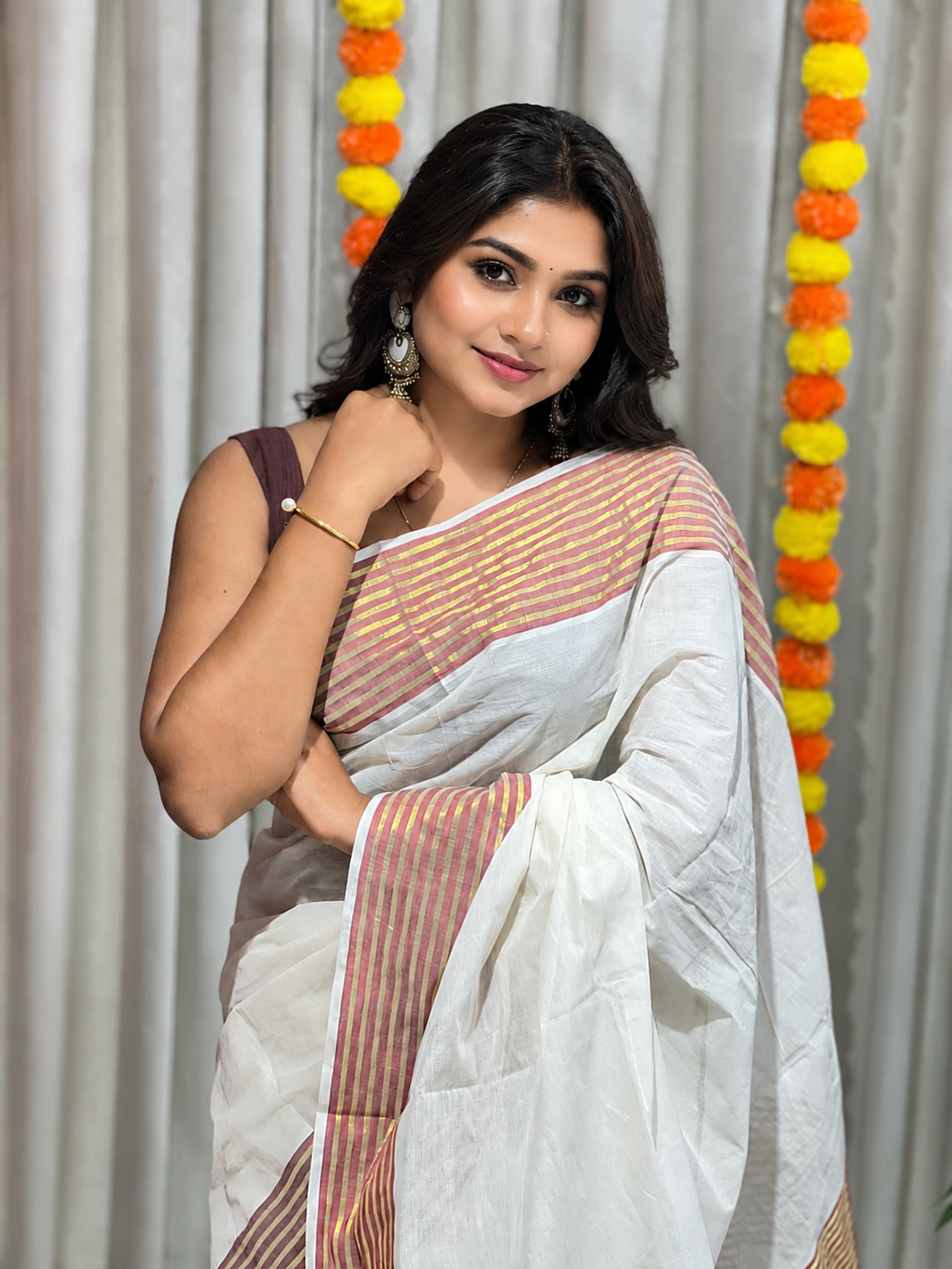 Zari and Thread Stripes Weaved Kerala Cotton Saree | KL417