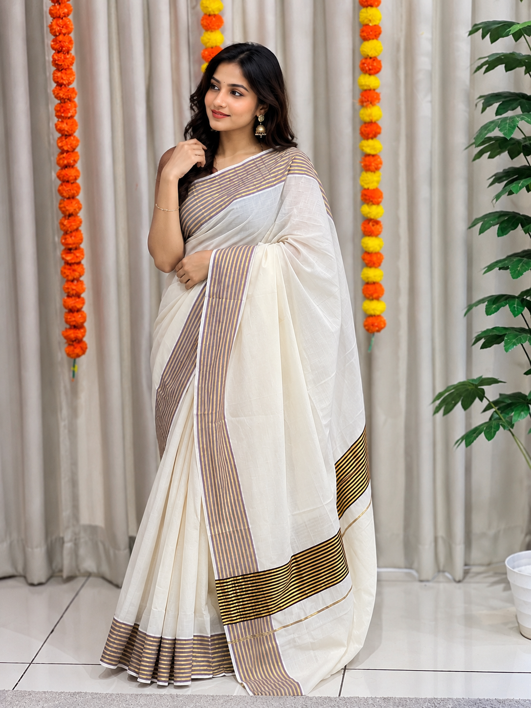 Zari and Thread Stripes Weaved Kerala Cotton Saree | KL416