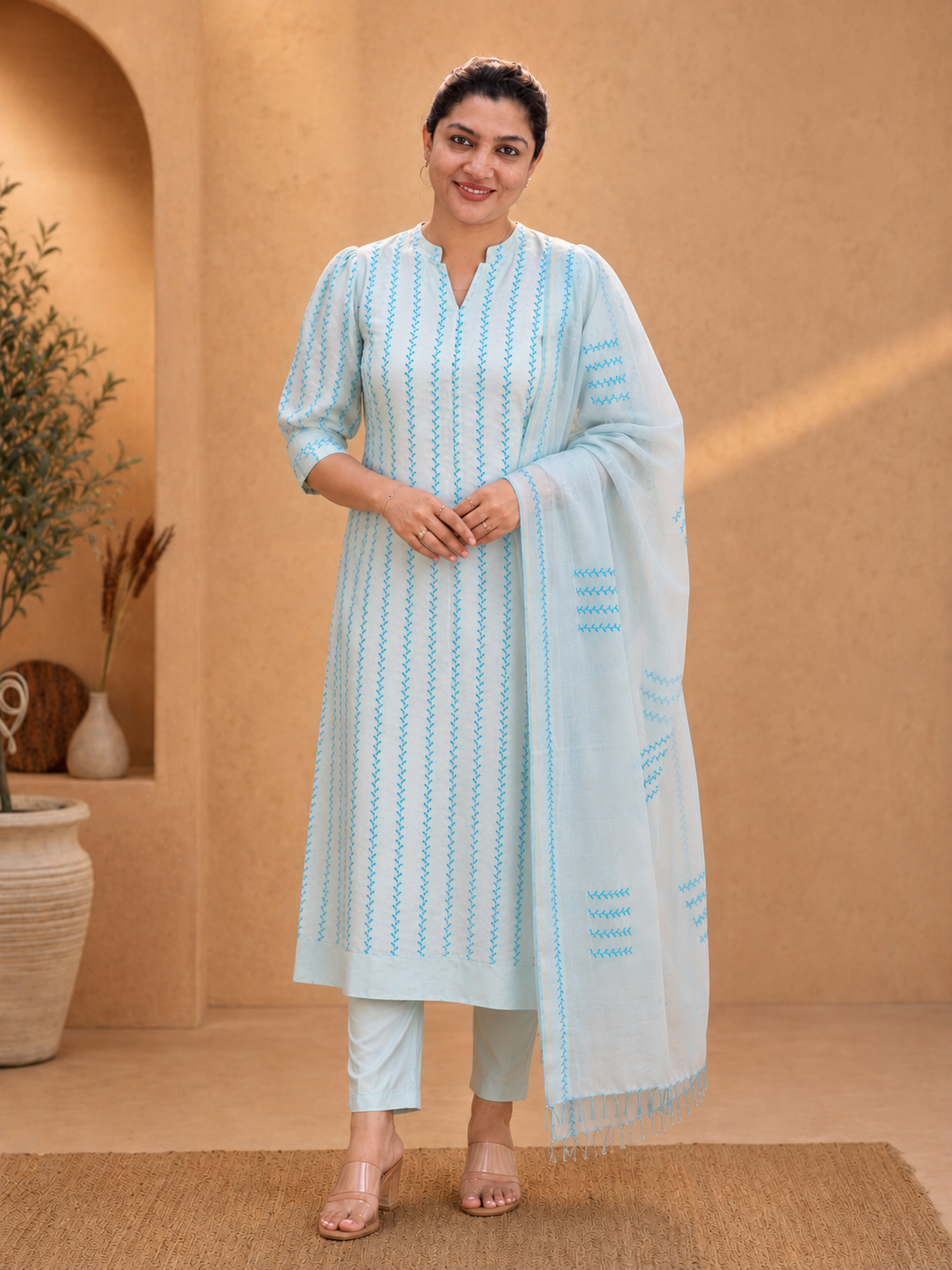 Machine Embroidery Detailed Tussar Salwar Set | MNH497