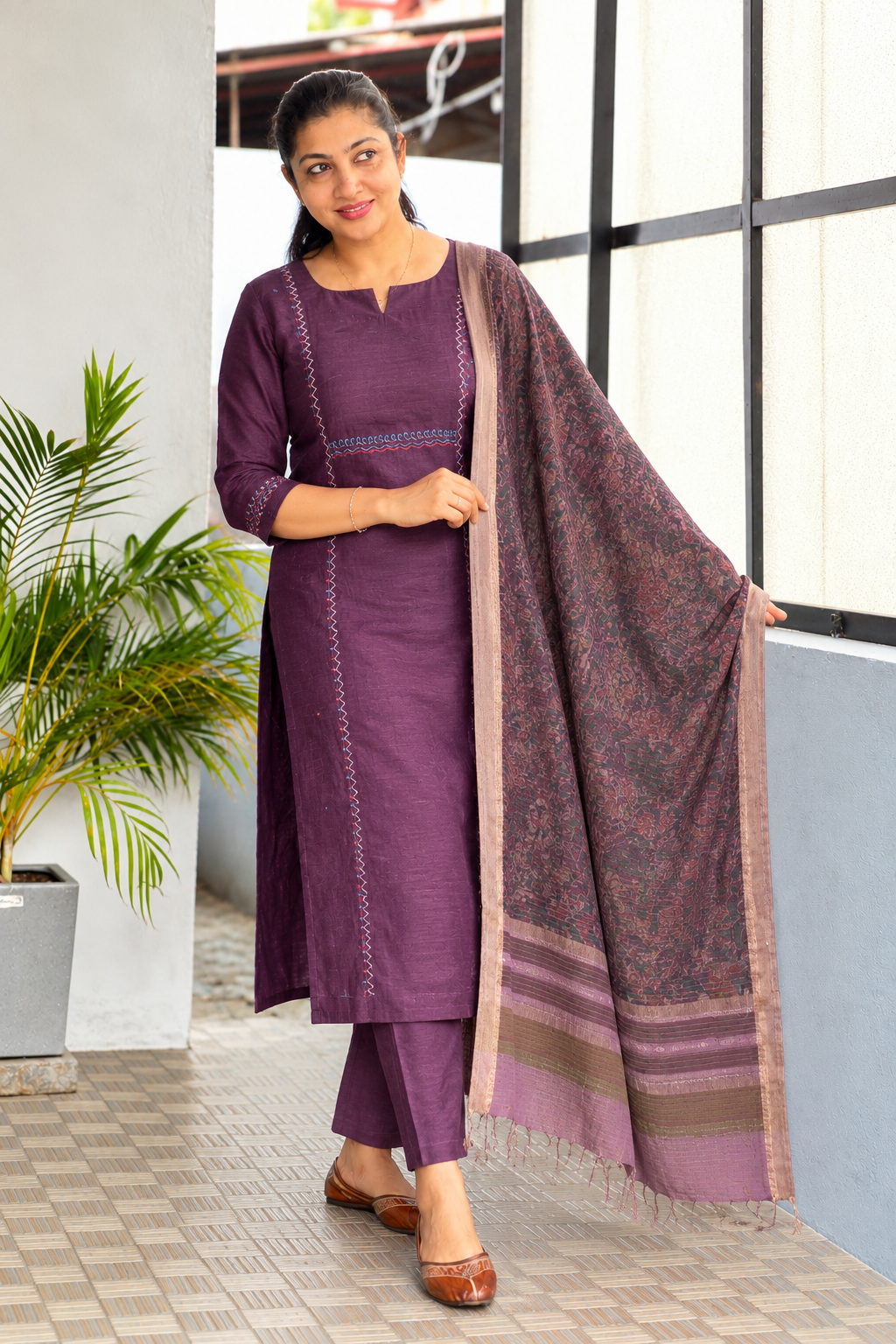 Mul Chanderi Single-Thread Floral Embroidered Salwar Set | HAK104