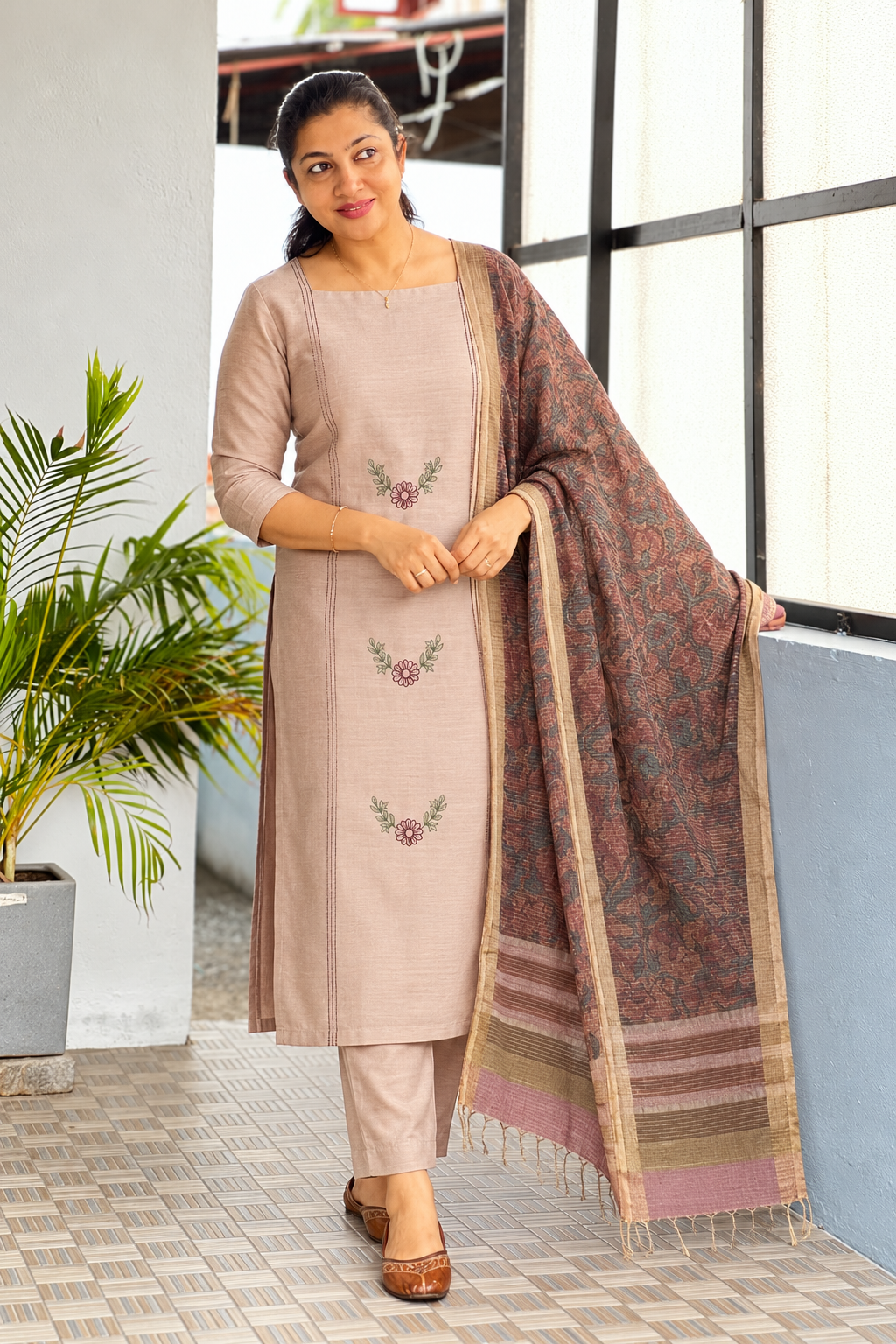 Mul Chanderi Single-Thread Floral Embroidered Salwar Set | HAK103