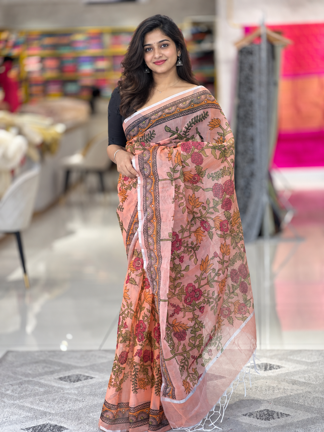 Peach Kalamkari Screen-Printed Kota Saree | RK254