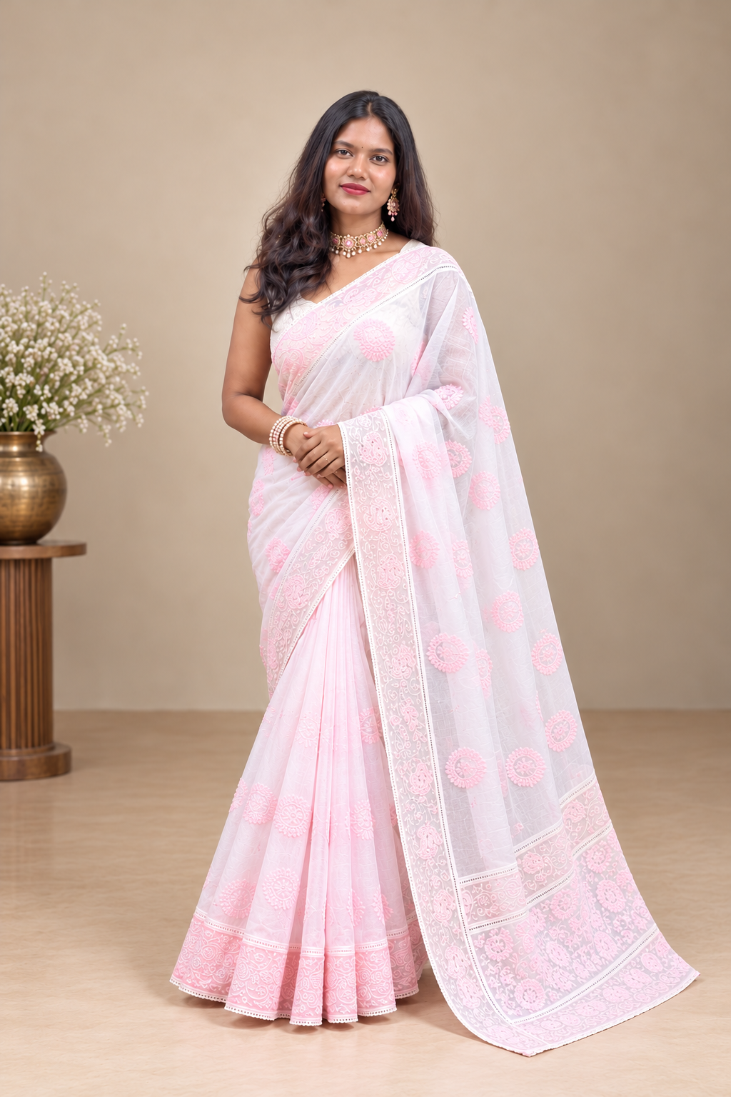 Lucknowi Embroidery Pattern Mul Chanderi Saree | MM697