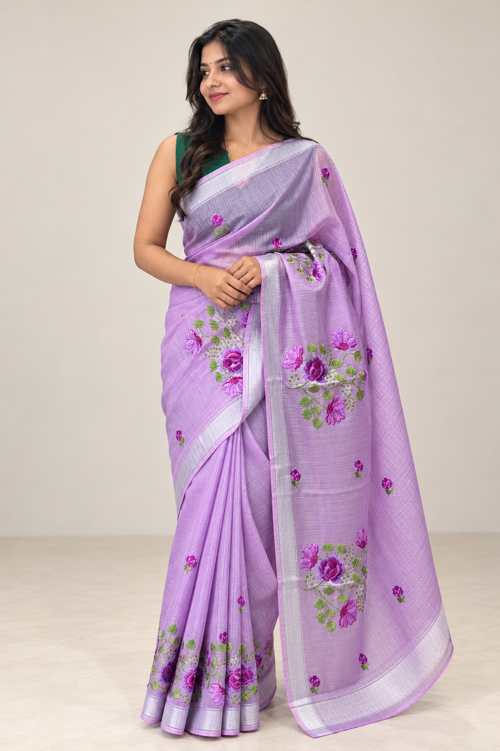 Floral Embroidery Detailed Silky Kota Saree | NHH406