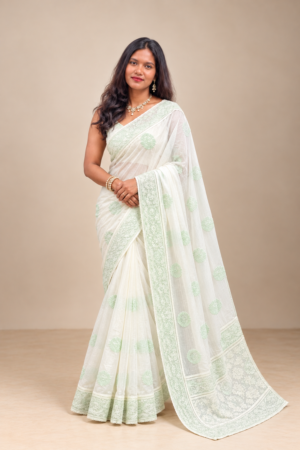Lucknowi Embroidery Pattern Mul Chanderi Saree | MM698