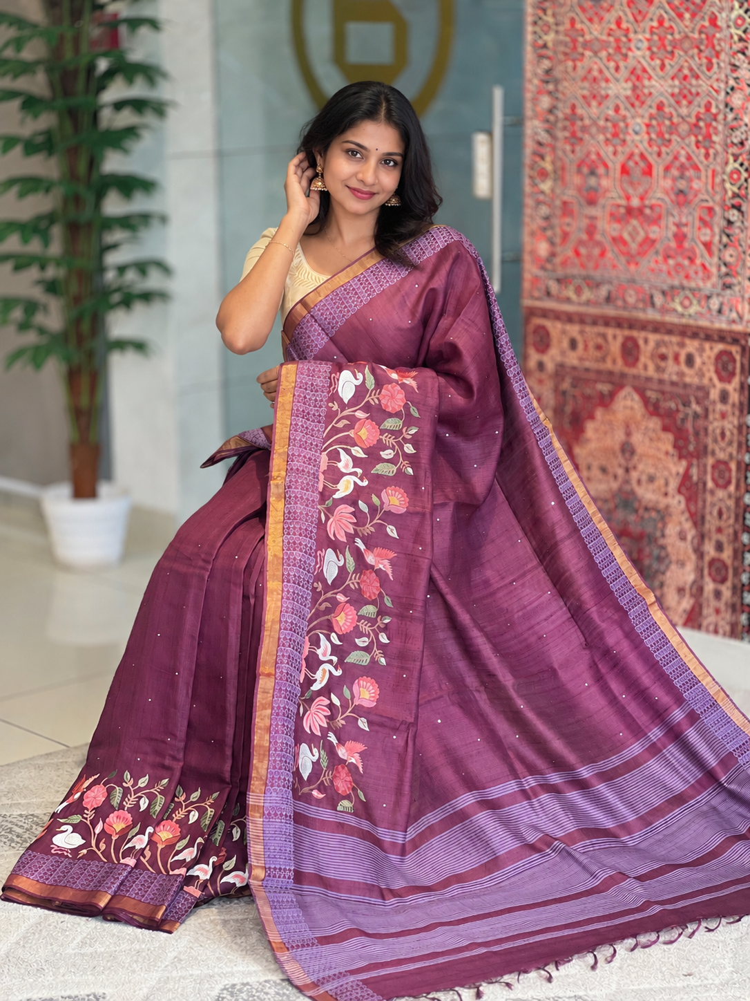 Floral Embroidery Border Detailed Desi Tussar Saree | RGD609