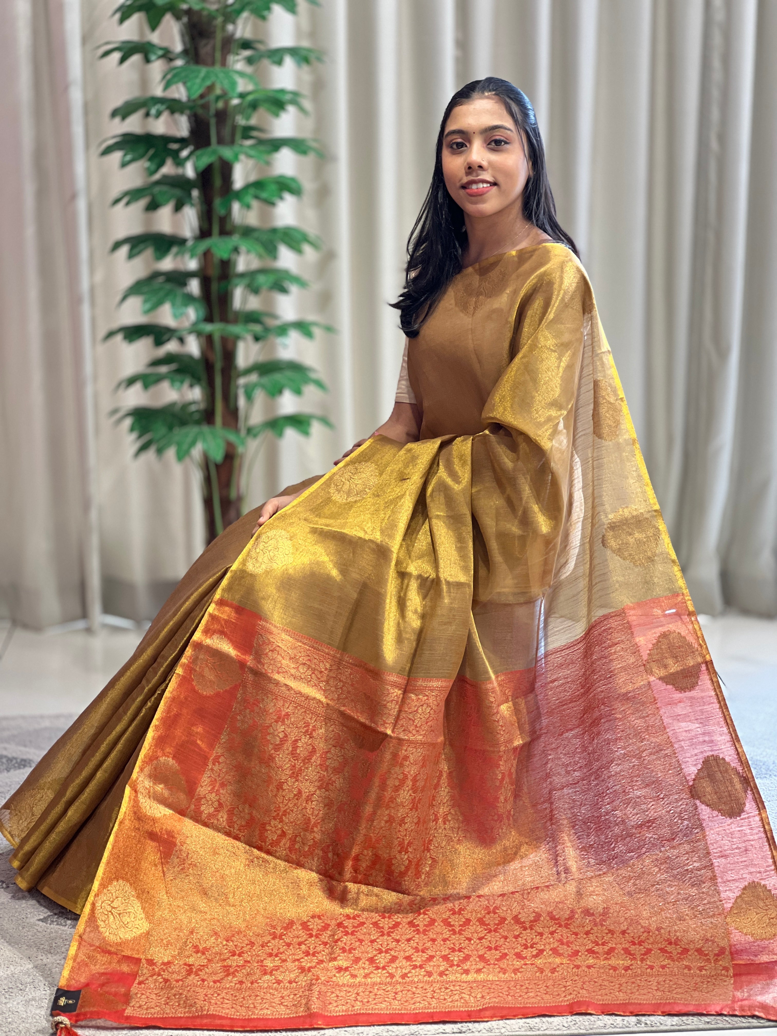 Traditional Zari Buta Detailed Tissue Linen Saree | HT114