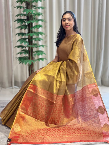 Traditional Zari Buta Detailed Tissue Linen Saree | HT114