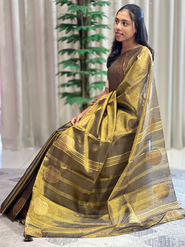 Traditional Zari Buta Detailed Tissue Linen Saree | HT115