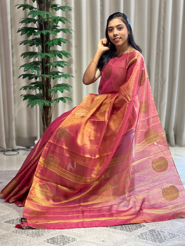 Traditional Zari Buta Detailed Tissue Linen Saree | HT117