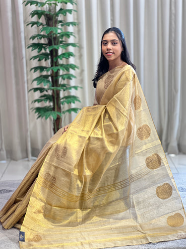 Traditional Zari Buta Detailed Tissue Linen Saree | HT118