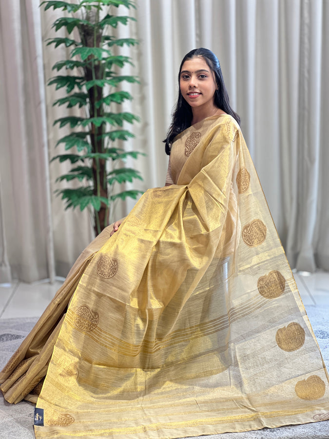 Traditional Zari Buta Detailed Tissue Linen Saree | HT118