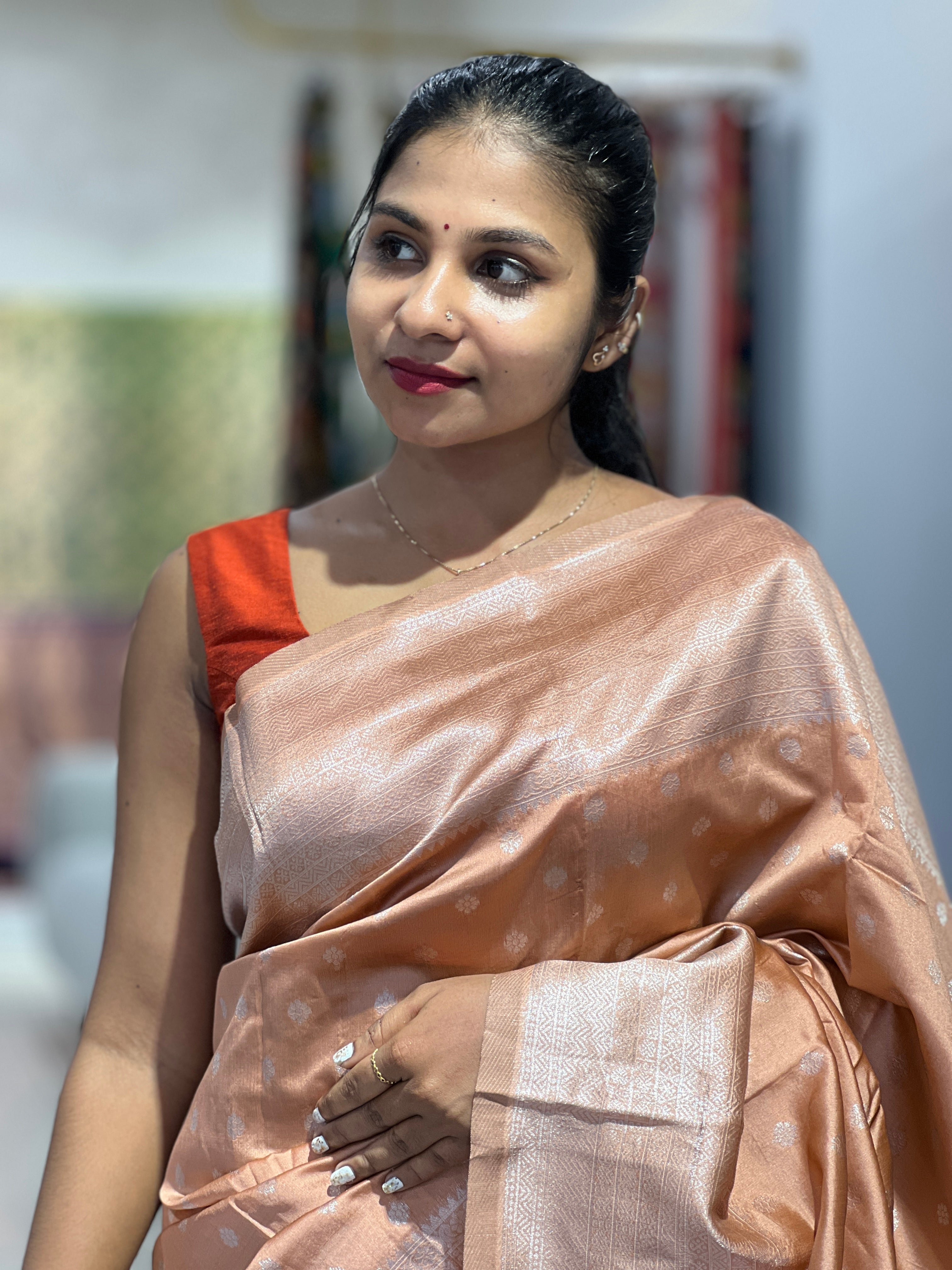 Traditional Silver Zari Buta Weaved Semi Silk Saree | HT169