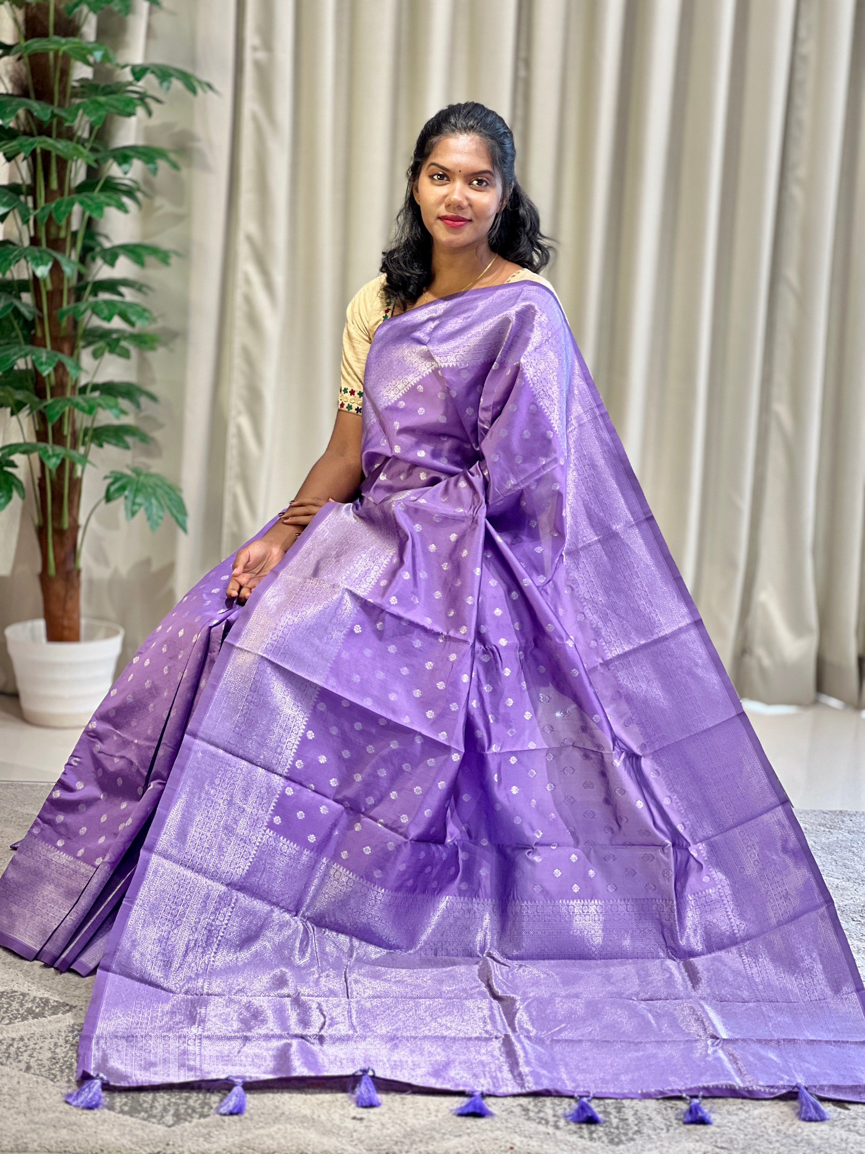 Traditional Silver Zari Buta Weaved Semi Silk Saree | HT171