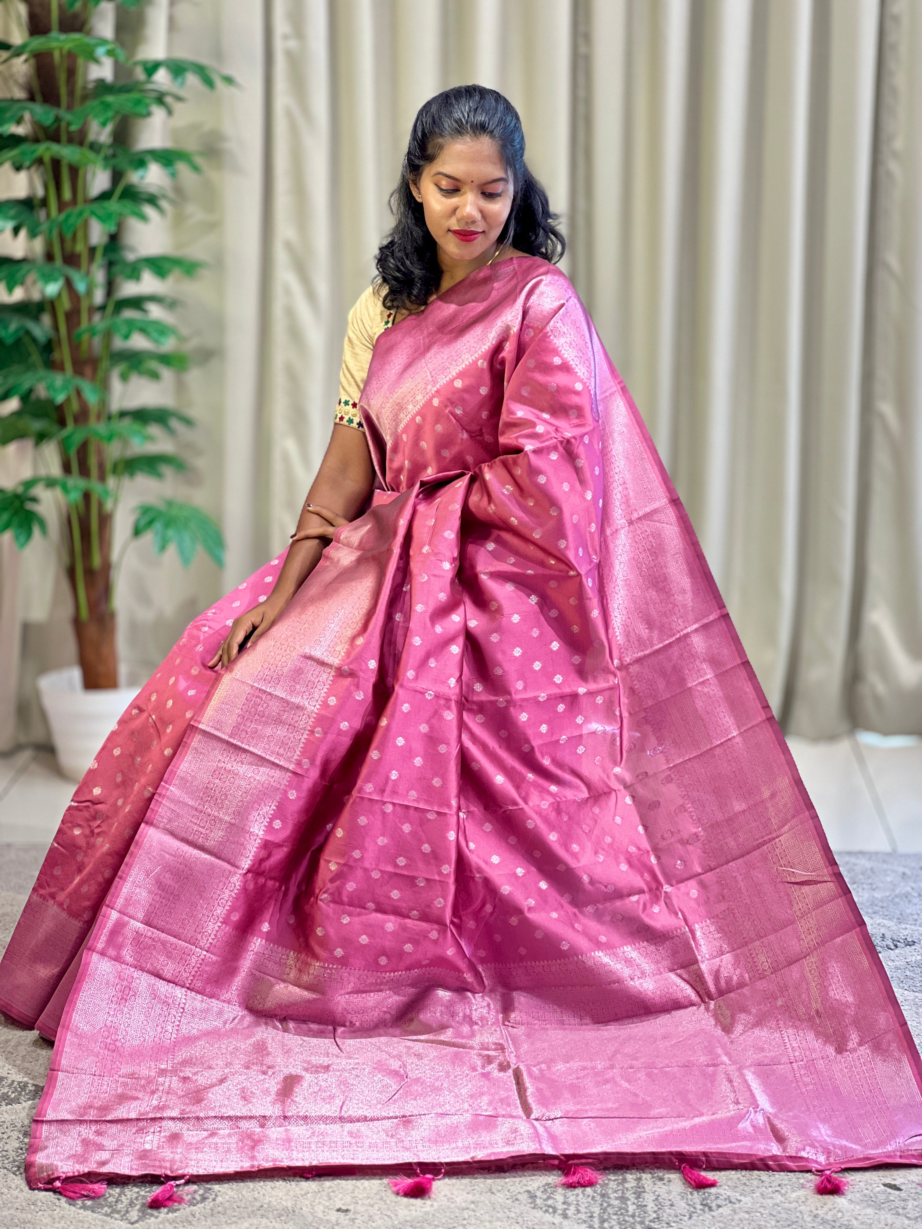 Traditional Silver Zari Buta Weaved Semi Silk Saree | HT172