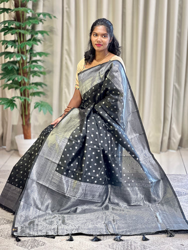 Traditional Silver Zari Buta Weaved Semi Silk Saree | HT173