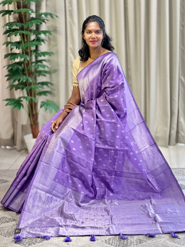 Traditional Silver Zari Buta Weaved Semi Silk Saree | HT174