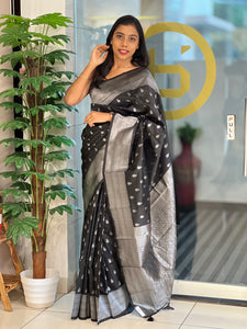 Traditional Silver Zari Buta Weaved Semi Silk Saree | HT175