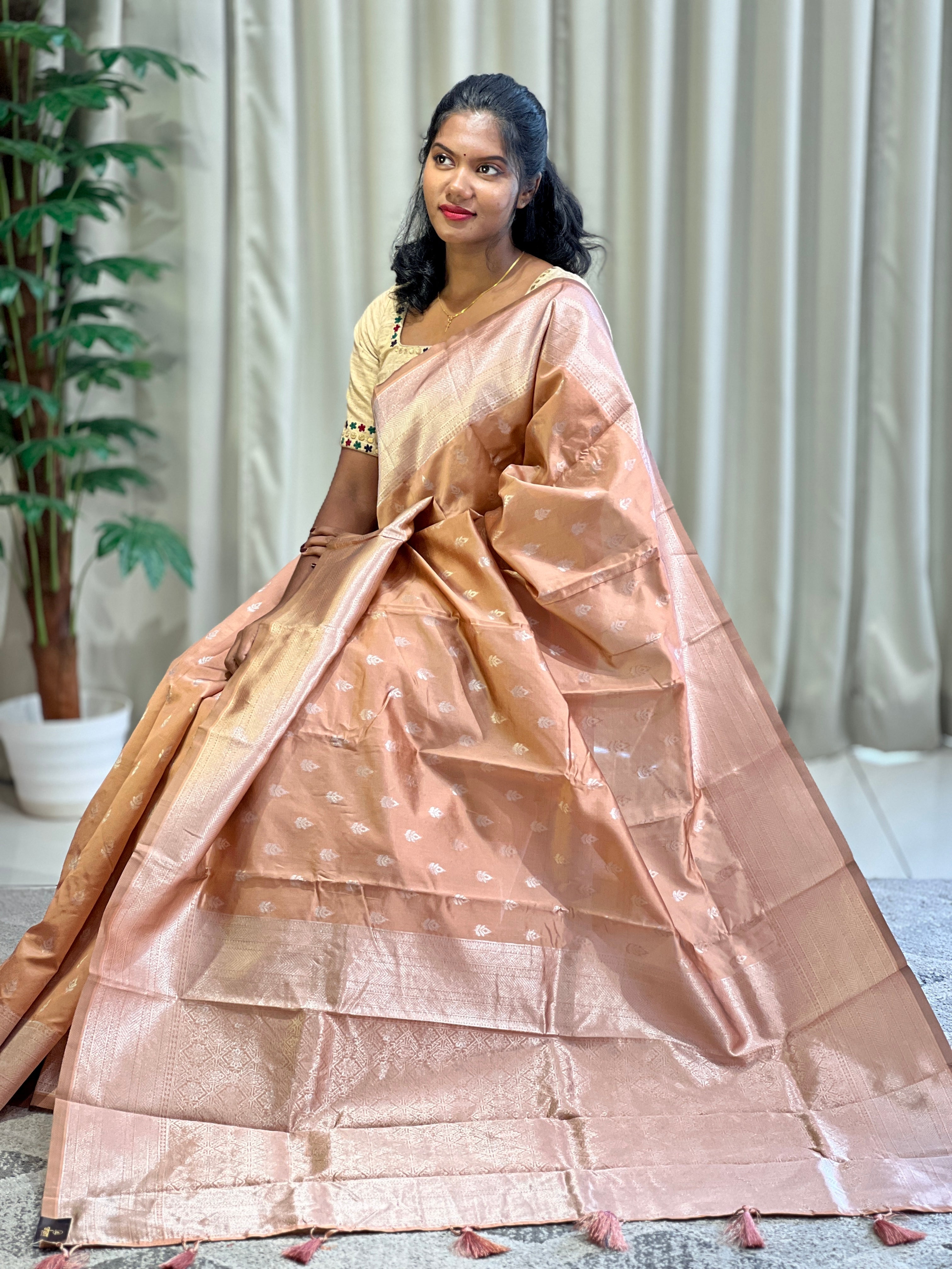 Traditional Silver Zari Buta Weaved Semi Silk Saree | HT177