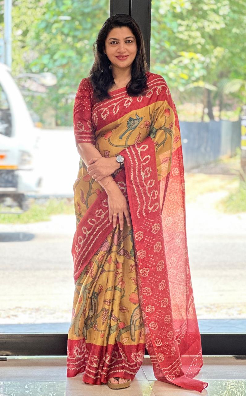 Traditional Floral Bandini & Floral Kalamkari Digital Printed Semi Tussar Saree |SSN522