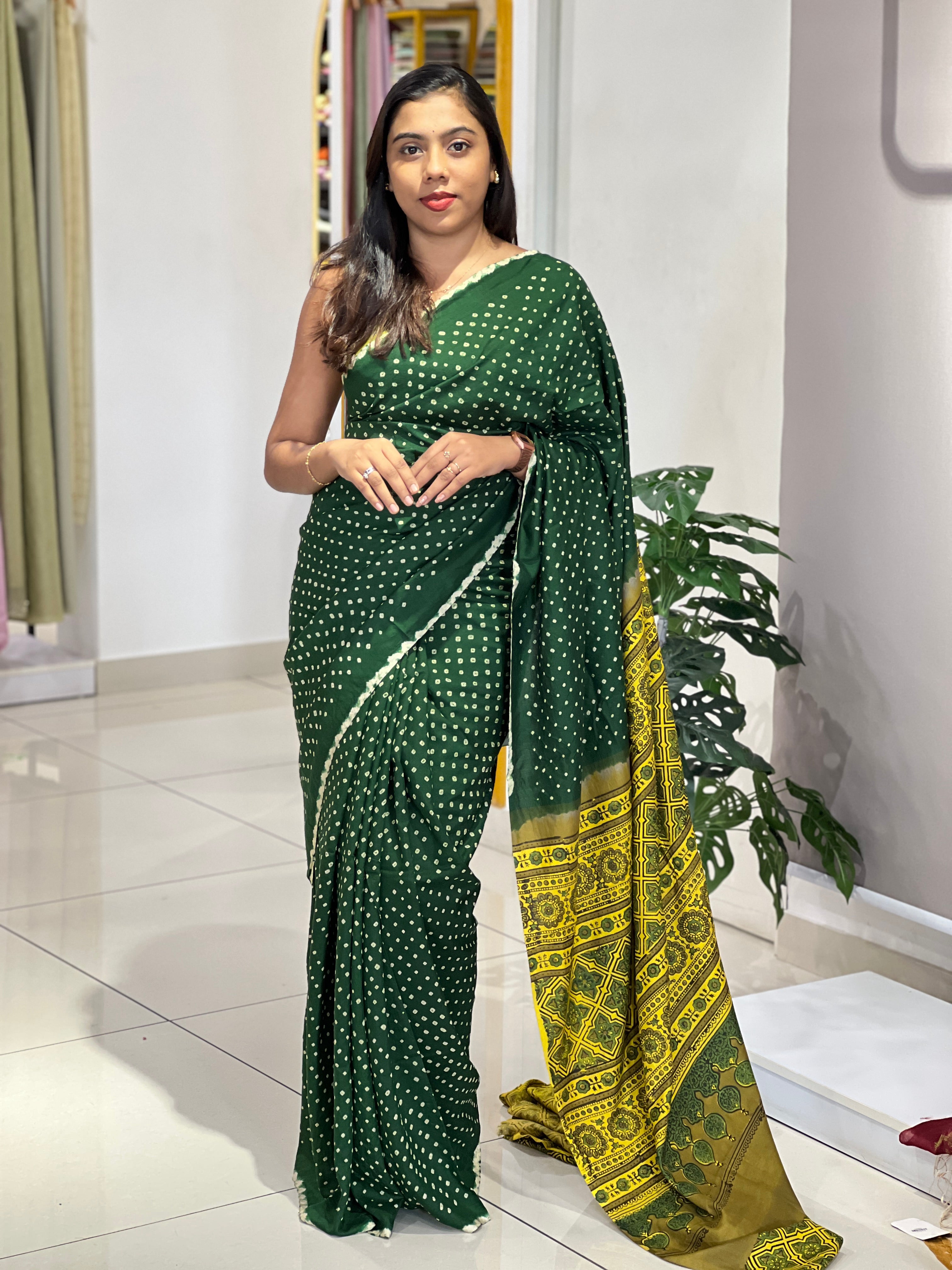 Hand Tie & Dye and Ajrakh Pattern Tussar Saree | MSB157