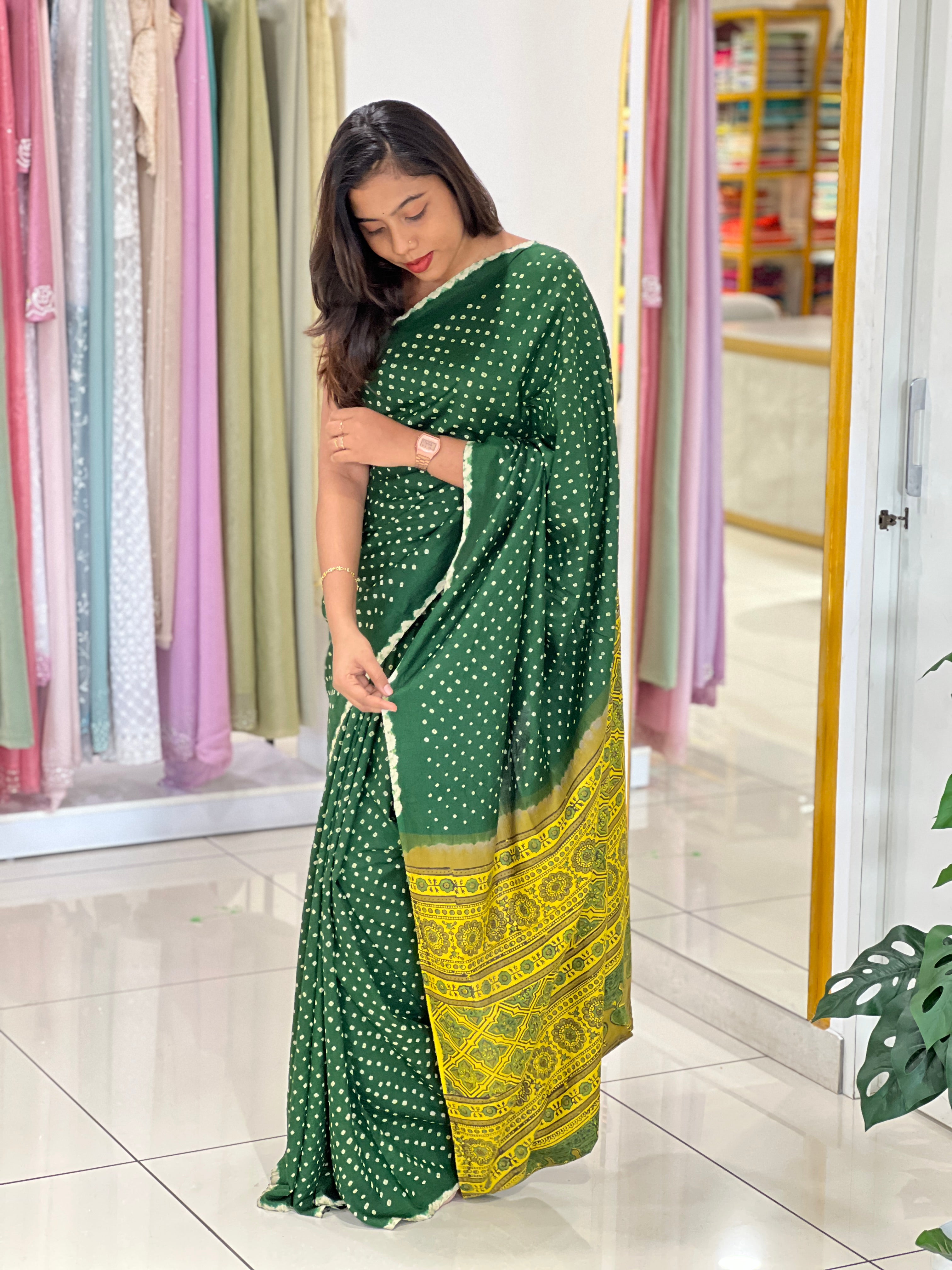 Hand Tie & Dye and Ajrakh Pattern Tussar Saree | MSB157