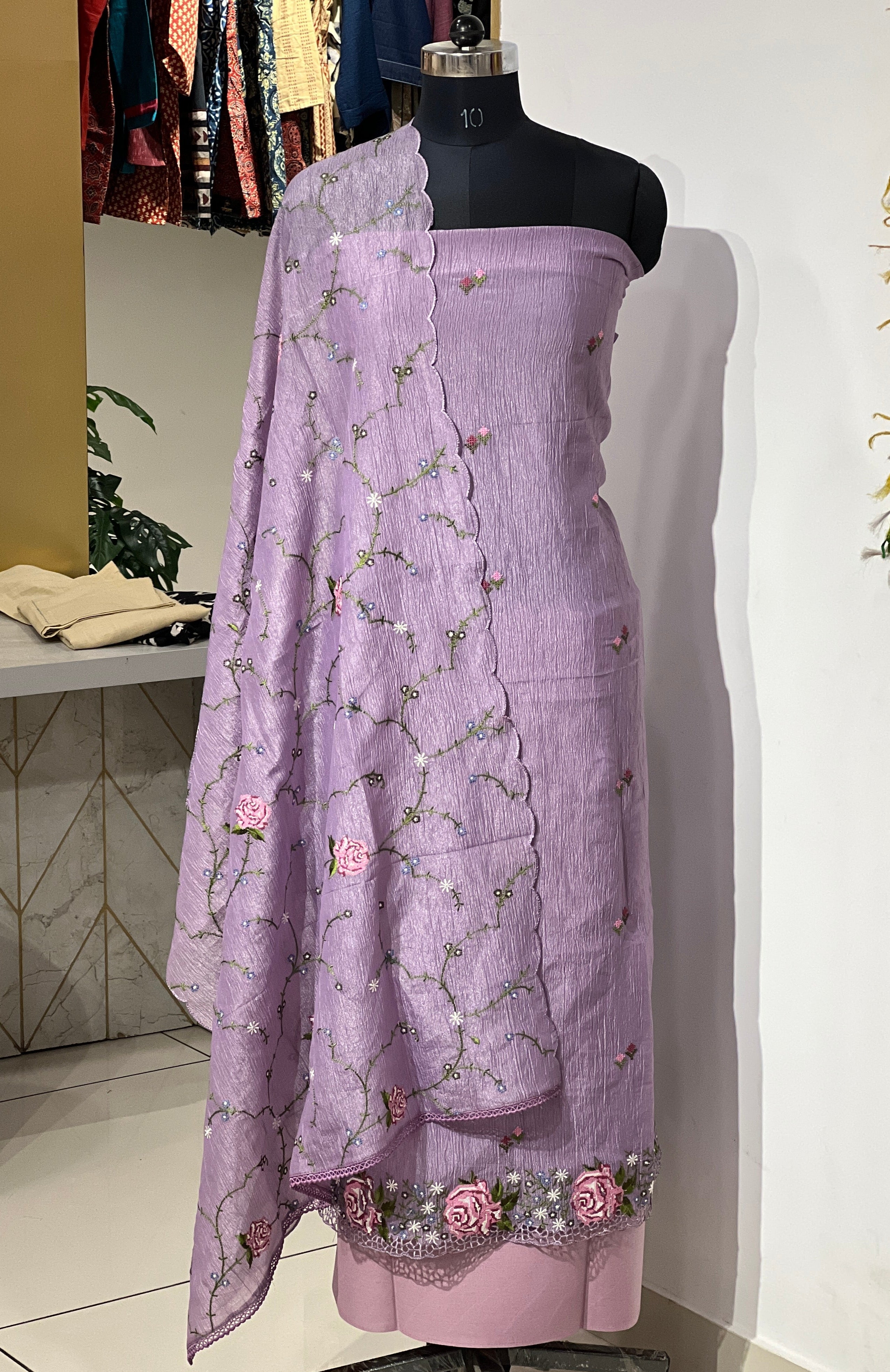 Multicolour Thread Embroidery Crushed Organza Salwar Set | SUN603