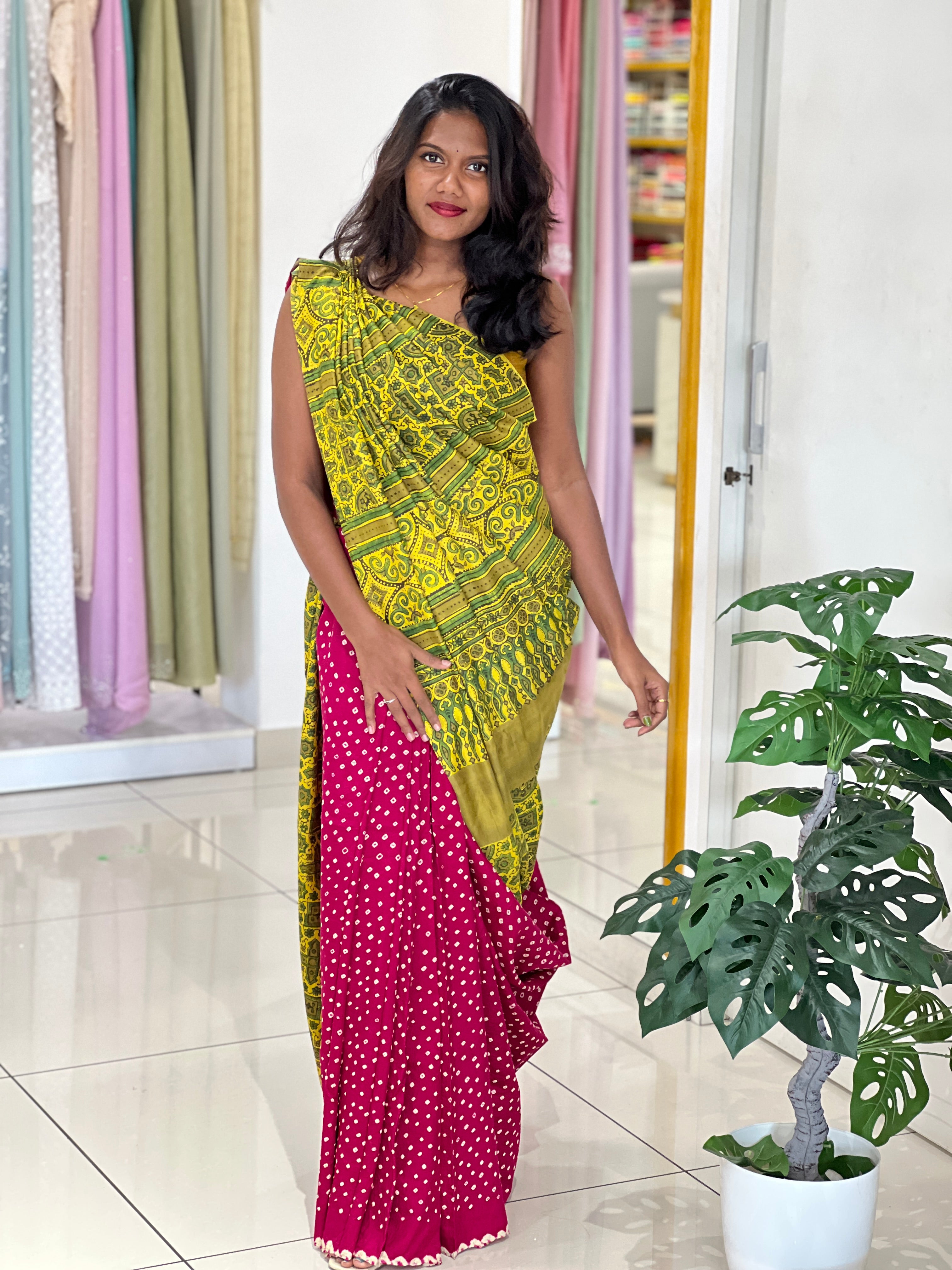 Hand Tie & Dye and Ajrakh Pattern Tussar Saree | MSB156