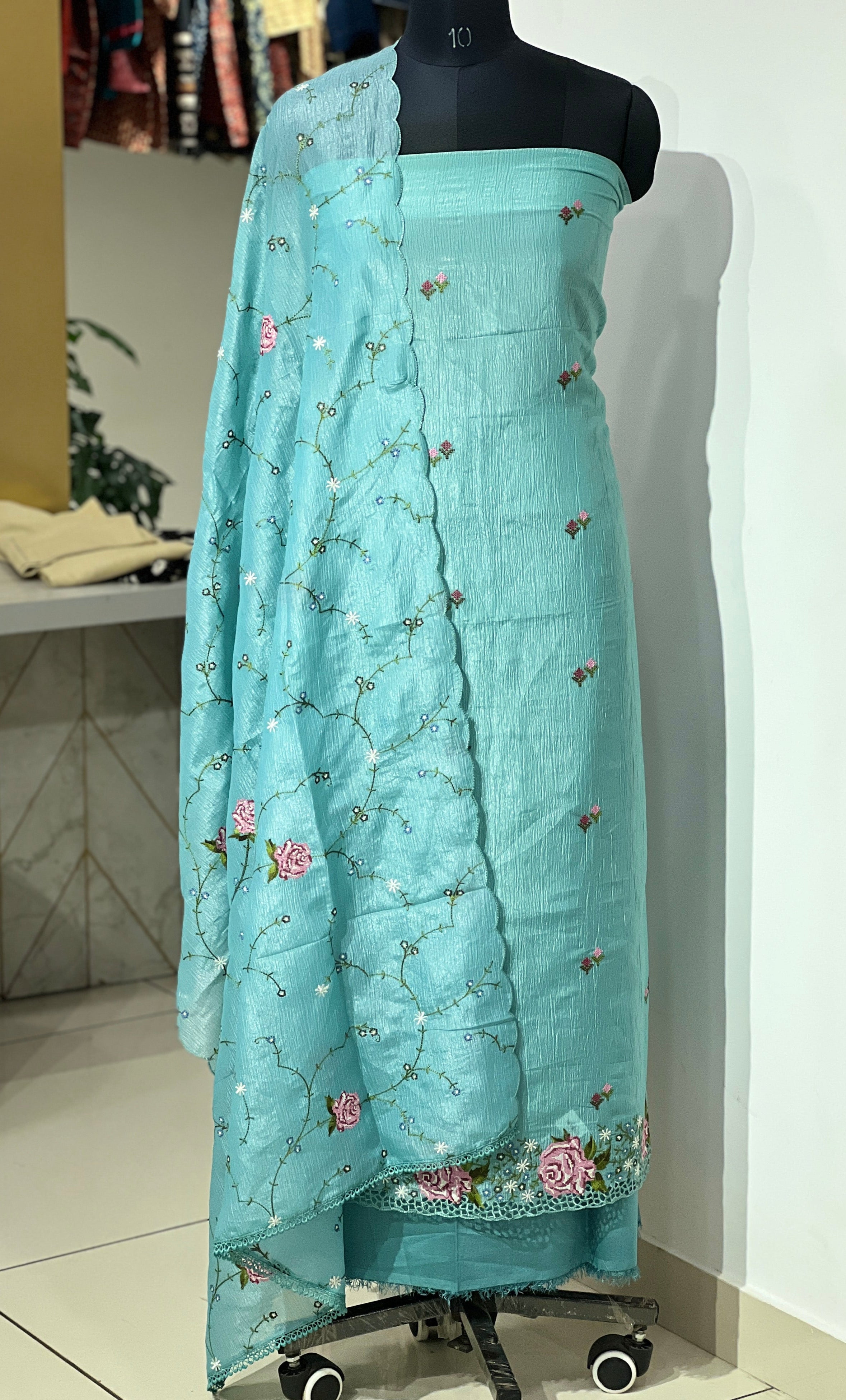 Multicolour Thread Embroidery Crushed Organza Salwar Set | SUN605