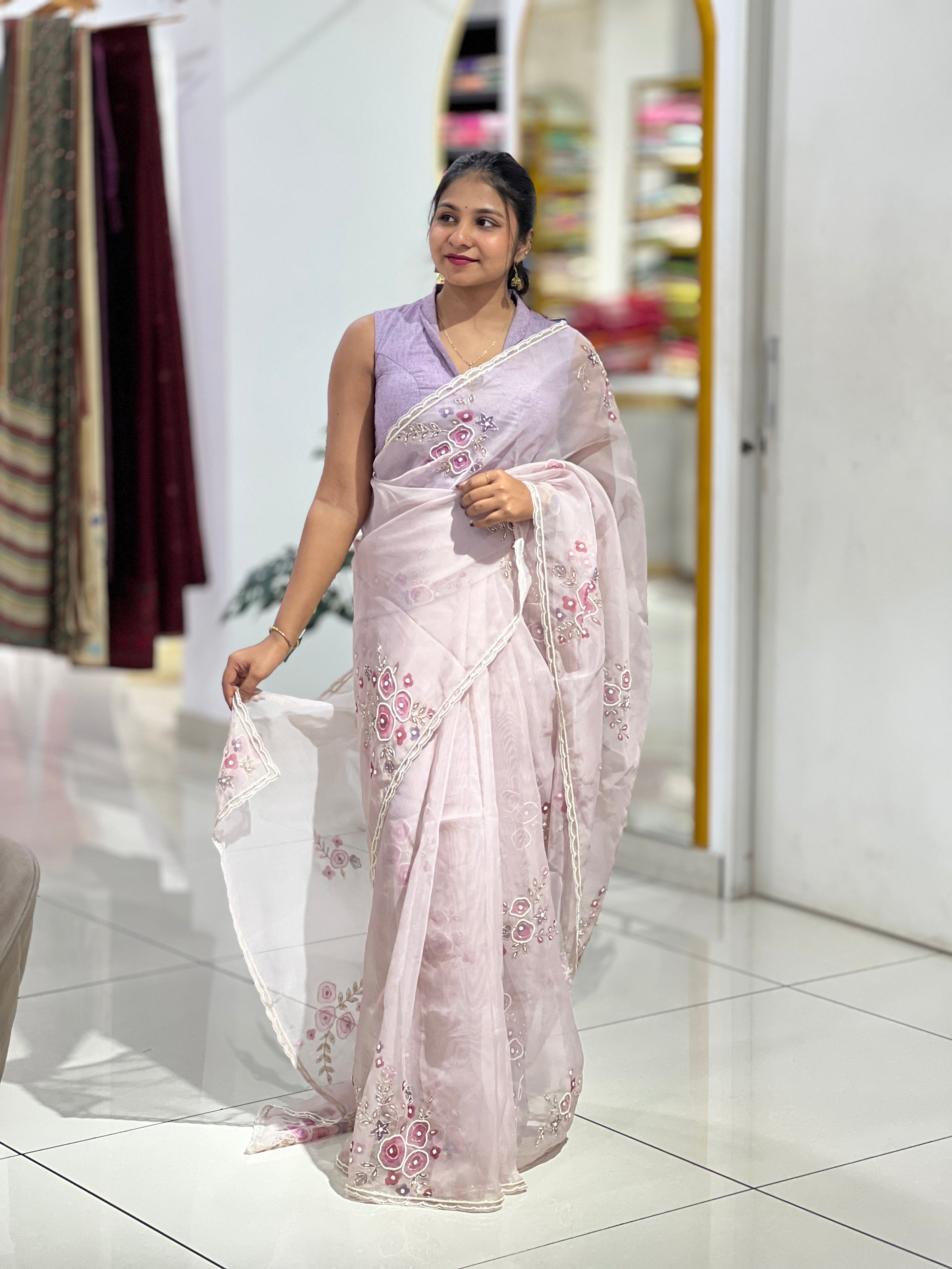 Floral Print With Hand Embroidery Detailed Organza Saree | BLD1826